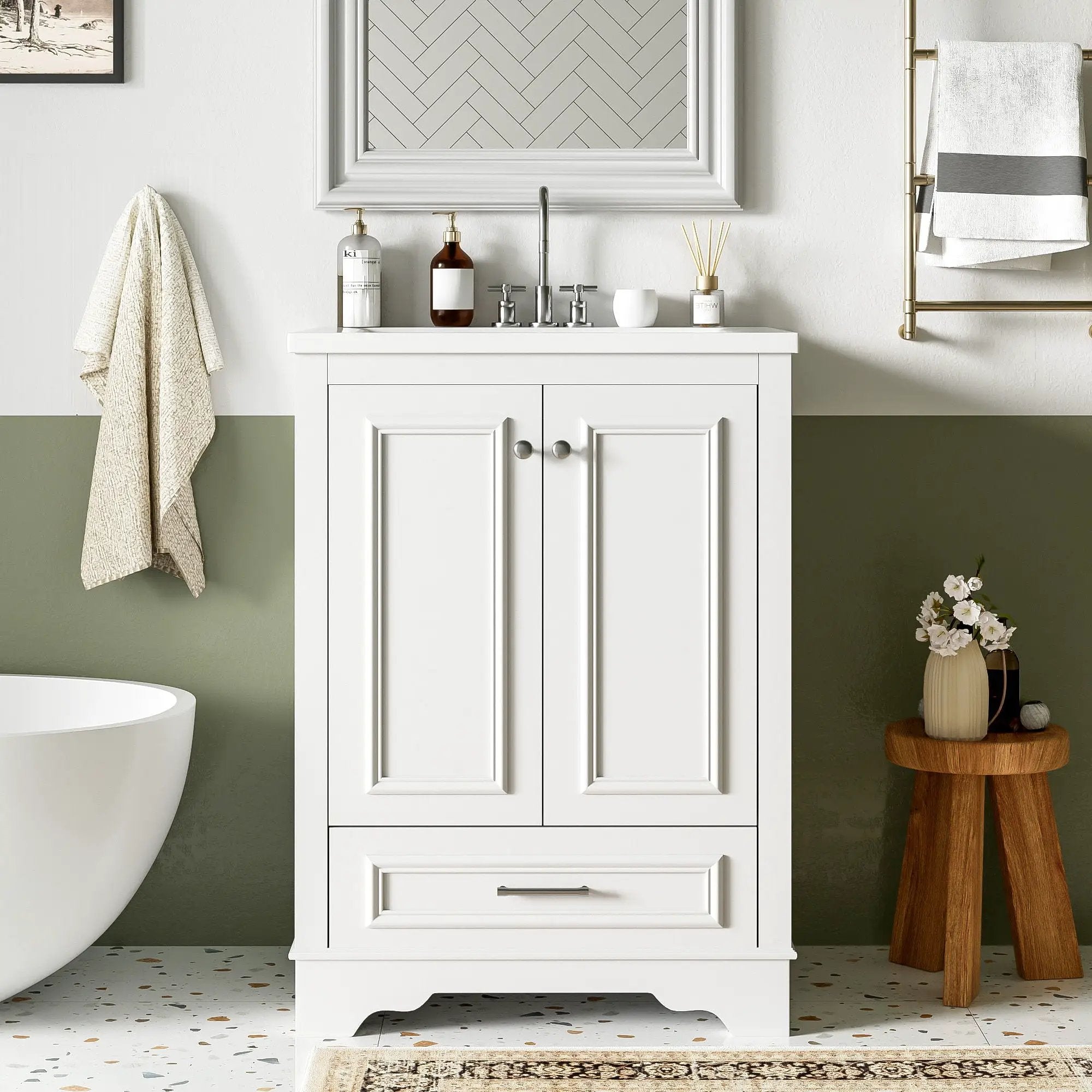 Bathroom Vanity With Ceramic Sink Combo, Modern Freestanding Storage Cabinet With Silver Handles by Unique Piece Furniture