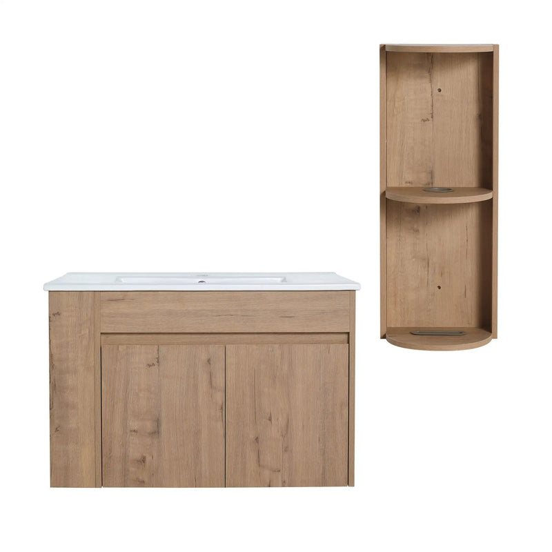 Modern Wall Mounted Bathroom Vanity With Sink And Storage Rack Soft Close Doors Plywood - Imitative Oak by HouseOfZazla