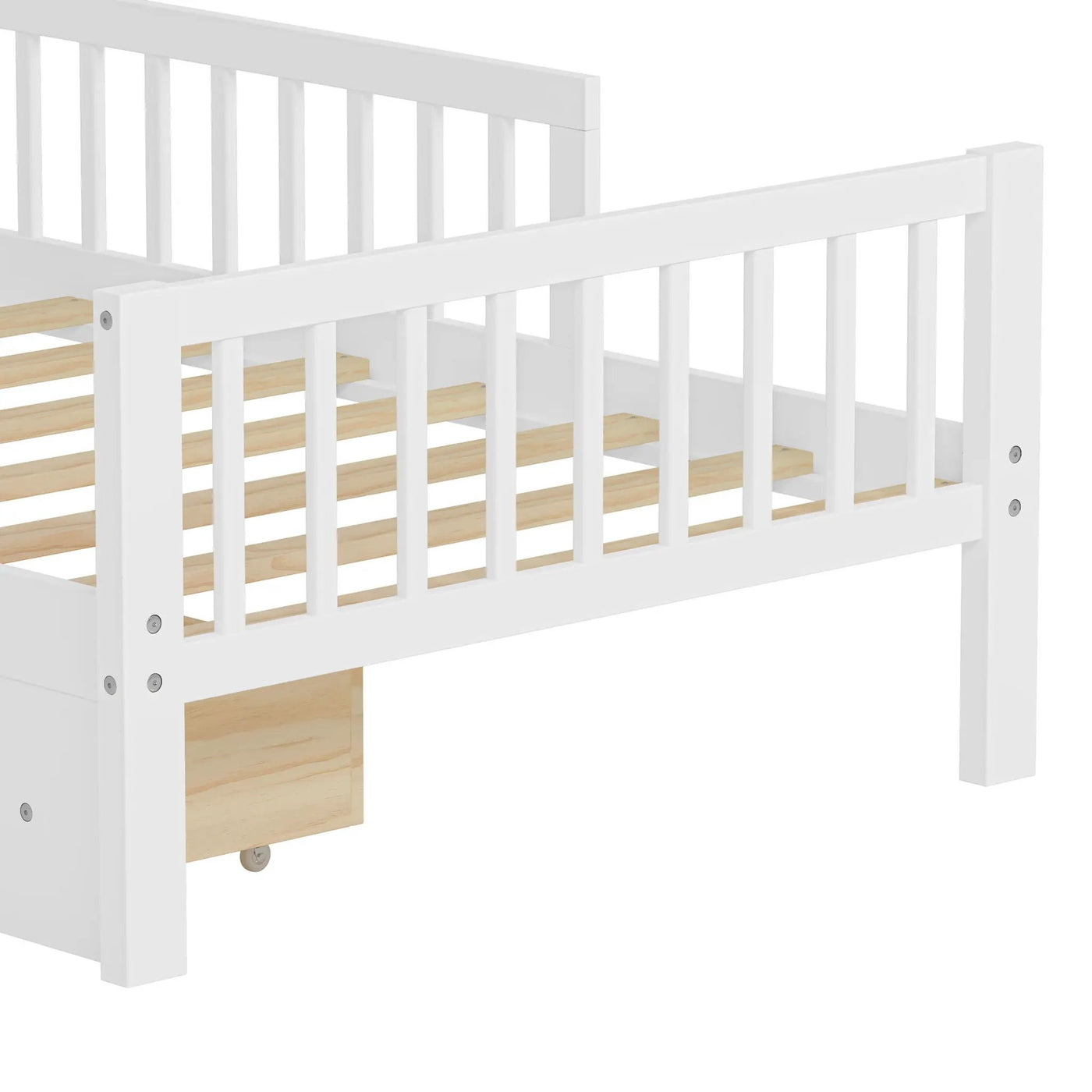 Bed With Headboard Storage Rack, 2 Under Bed Drawers, 3 Side Guardrails For Safety by HouseOfZazla