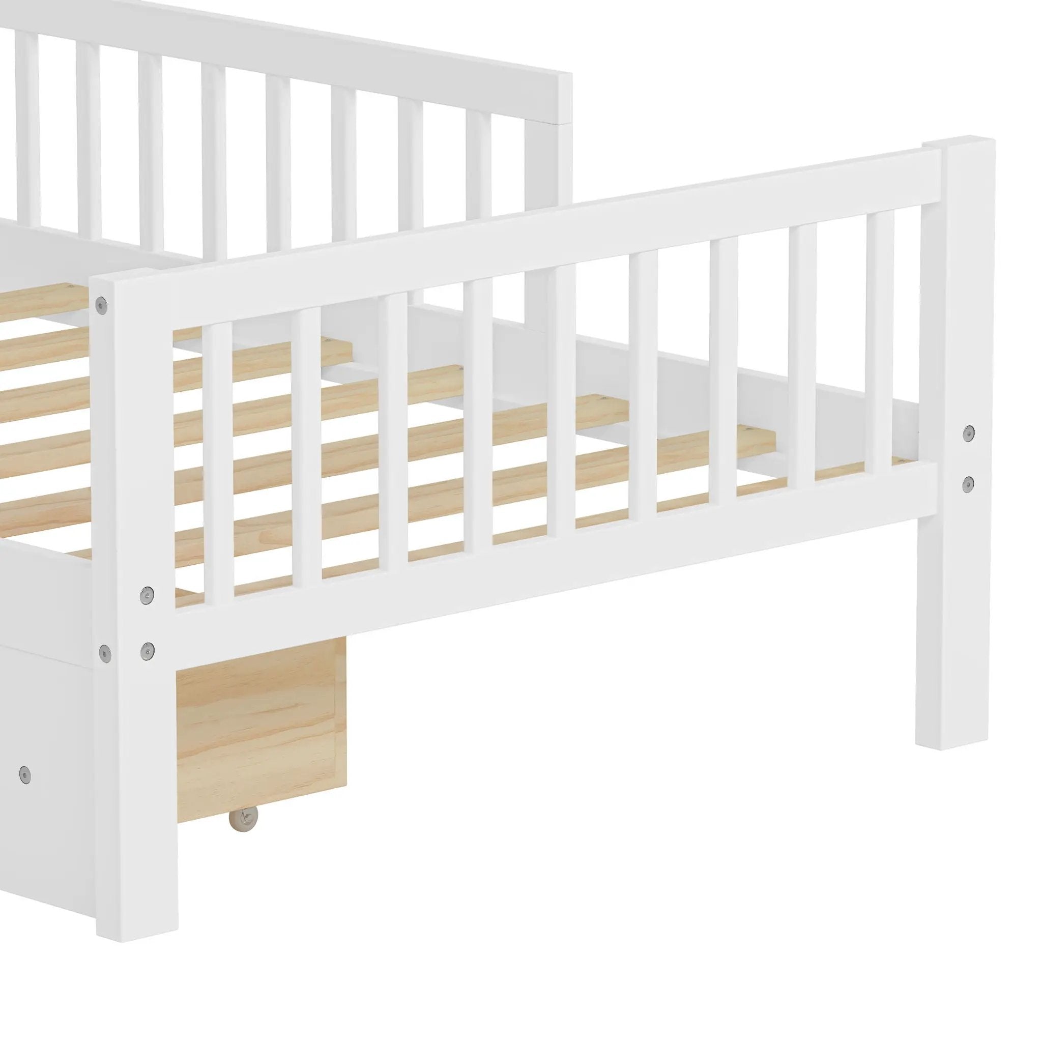 Bed With Headboard Storage Rack, 2 Under Bed Drawers, 3 Side Guardrails For Safety by HouseOfZazla