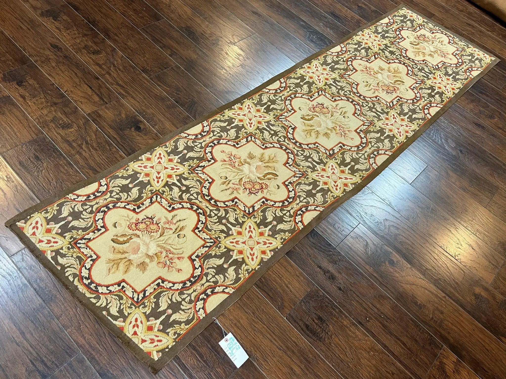 Needlepoint Runner Rug 2.8 x 9.8, Brown and Beige, Handwoven Handmade Floral French European Design, Vintage Flatweave 10ft Wool Runner Rug by Jewel Rugs