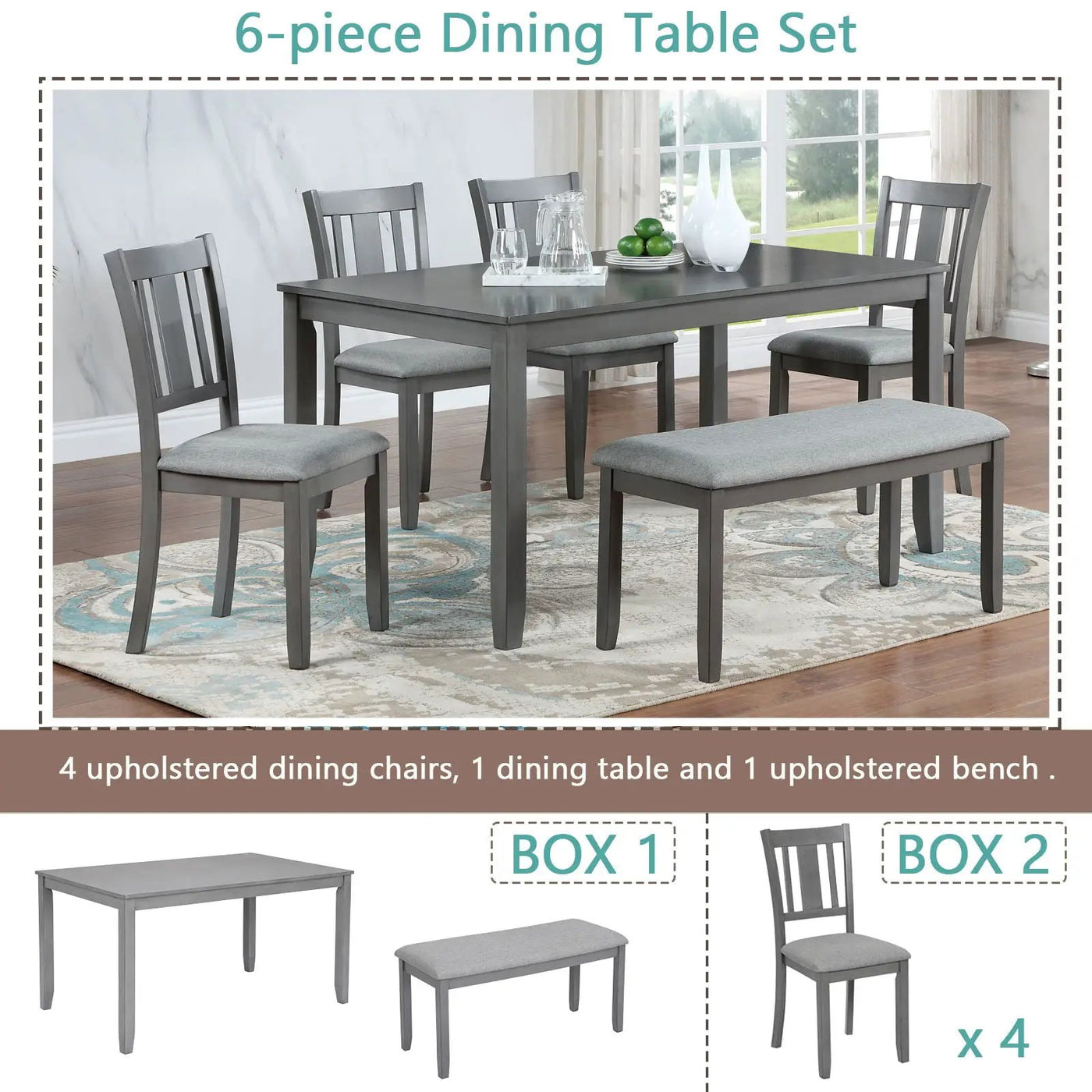6 Pieces Kitchen Dining Set, Rectangular Wooden Dining Table With 4 Upholstered Chairs And A Bench by HouseOfZazla