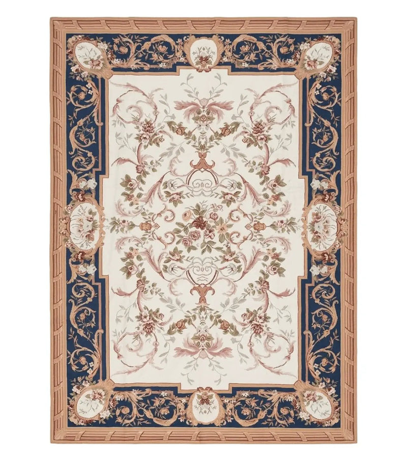 Chinese Aubusson Savonnerie Area Rug 6x8, Vintage Hand-Woven Needlepoint Rug, Flat Weave Handmade Wool Carpet Living Room Ivory & Navy Blue by Jewel Rugs
