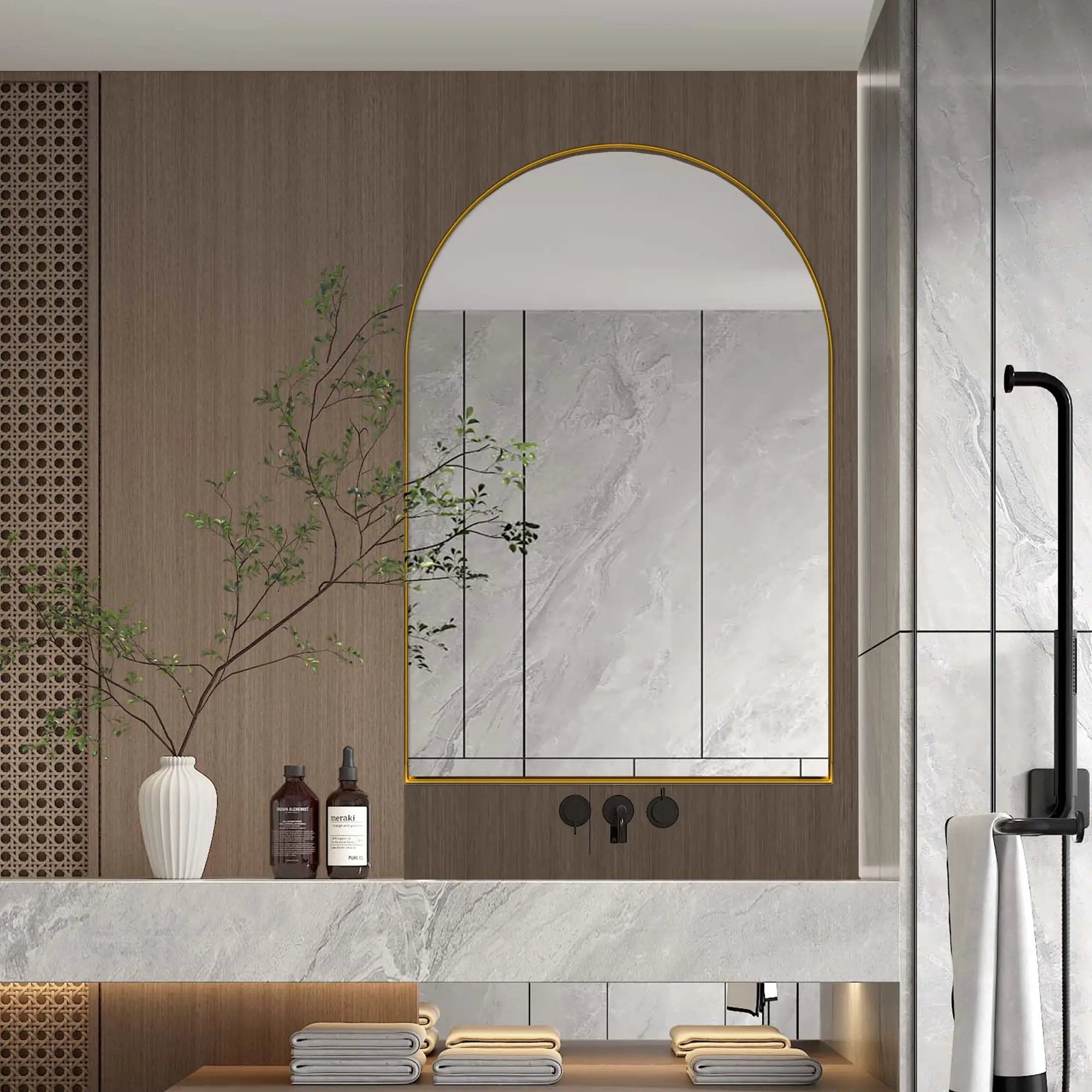 Arched Recessed Medicine Cabinet, Metal Framed Bathroom Wall Cabinet With Mirror And Adjustable Shelves, Wall Mirror With Storage For Bathroom by Unique Piece Furniture