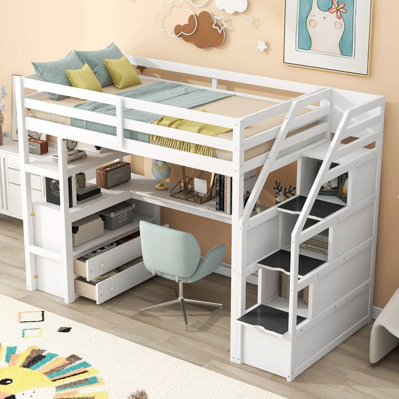 Loft Bed With Desk, Shelves, 2 Drawers, Storage Staircase by Unique Piece Furniture