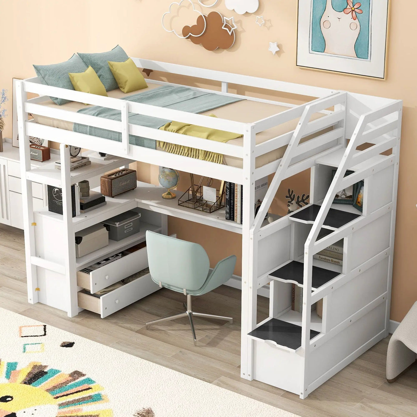 Loft Bed With Desk, Shelves, 2 Drawers, Storage Staircase by HouseOfZazla