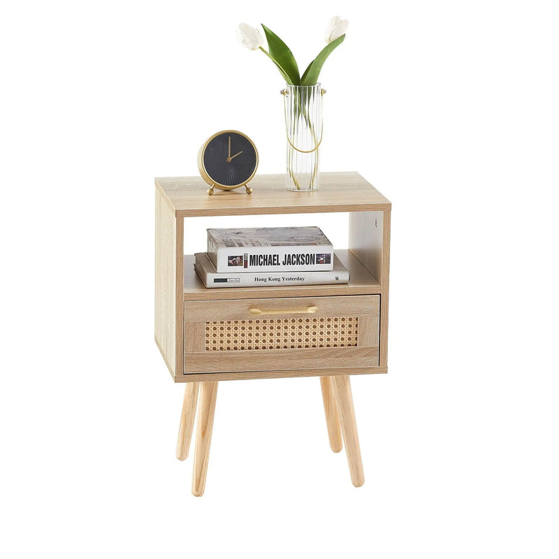 15.75" Rattan End Table With Drawer And Solid Wood Legs, Modern Nightstand, Side Table For Living Room, Bedroom by Unique Piece Furniture