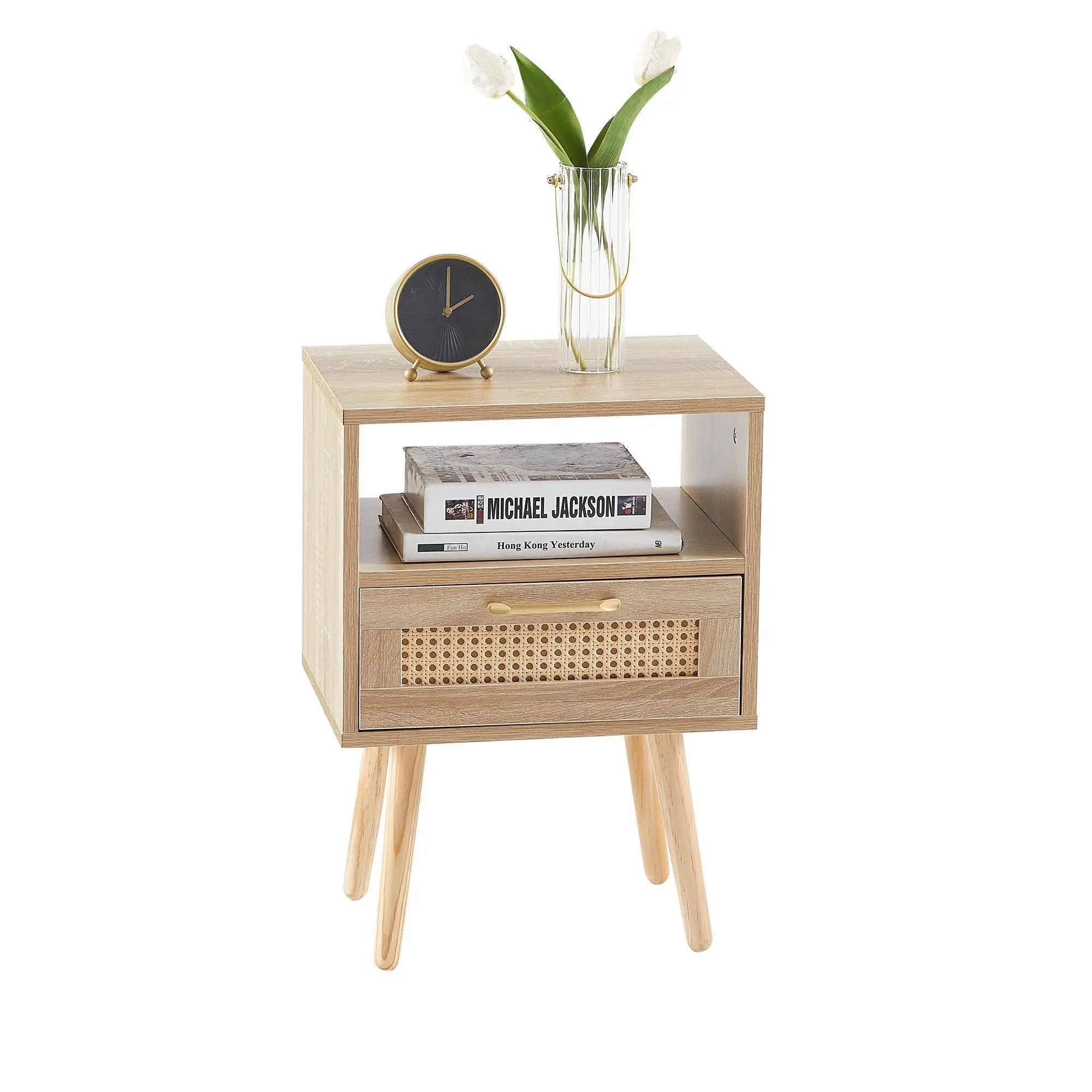 15.75" Rattan End Table With Drawer And Solid Wood Legs, Modern Nightstand, Side Table For Living Room, Bedroom by Unique Piece Furniture