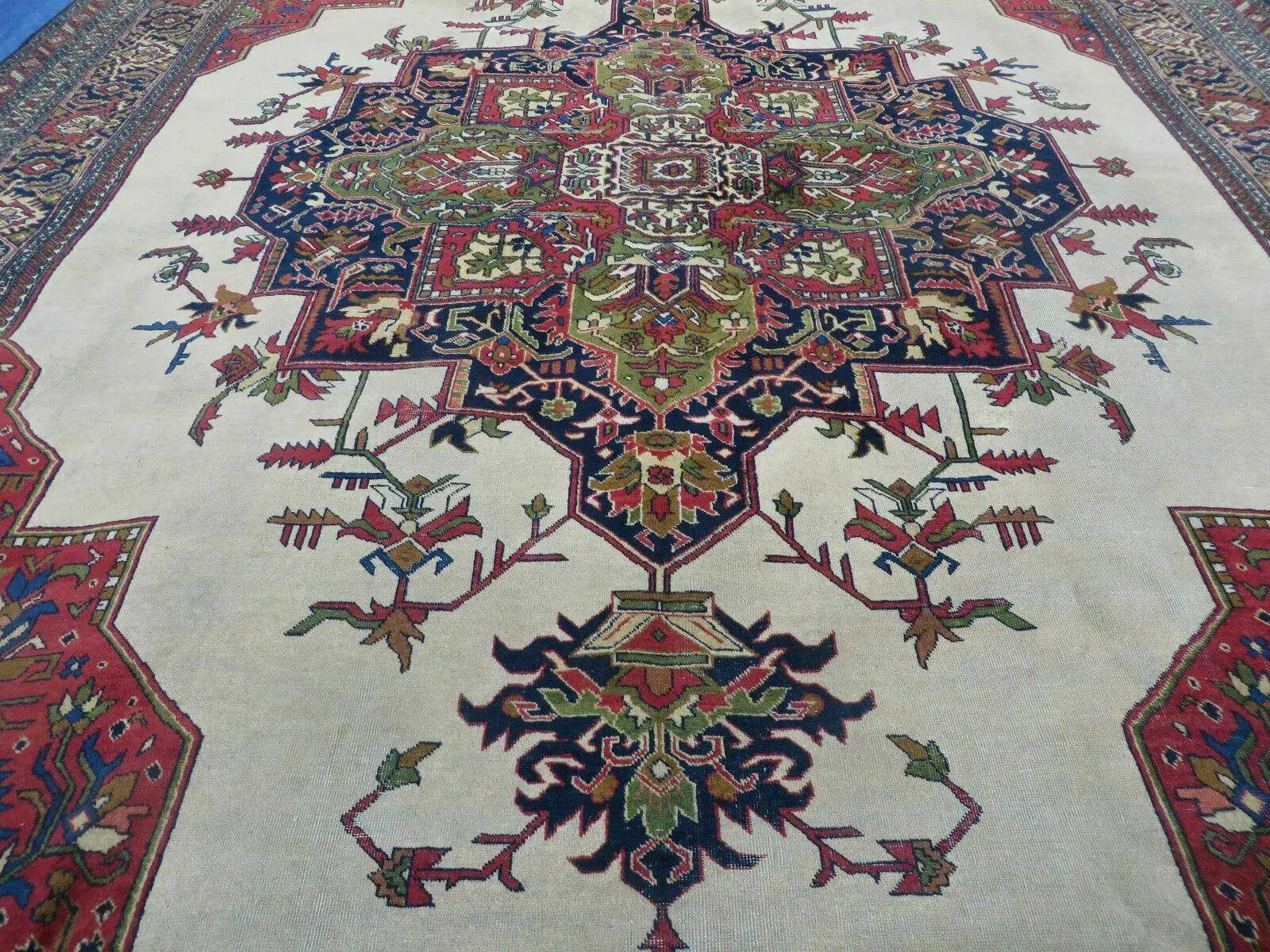 Persian Tabriz Rug 10x13 Oriental Carpet, Ivory Open Field, Geometric Medallion, Red Blue, Hand Knotted, Large Wool Area Rug Vintage Antique 1950s by Jewel Rugs