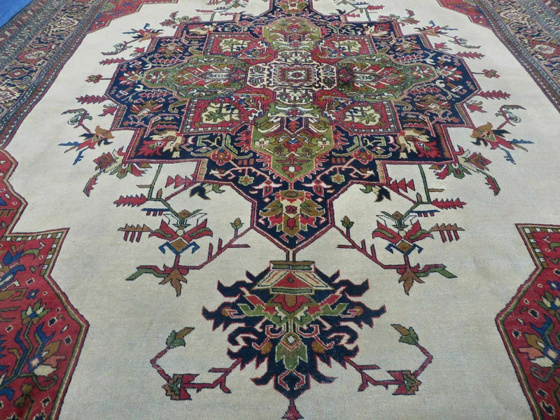 Persian Tabriz Rug 10x13 Oriental Carpet, Ivory Open Field, Geometric Medallion, Red Blue, Hand Knotted, Large Wool Area Rug Vintage Antique 1950s by Jewel Rugs