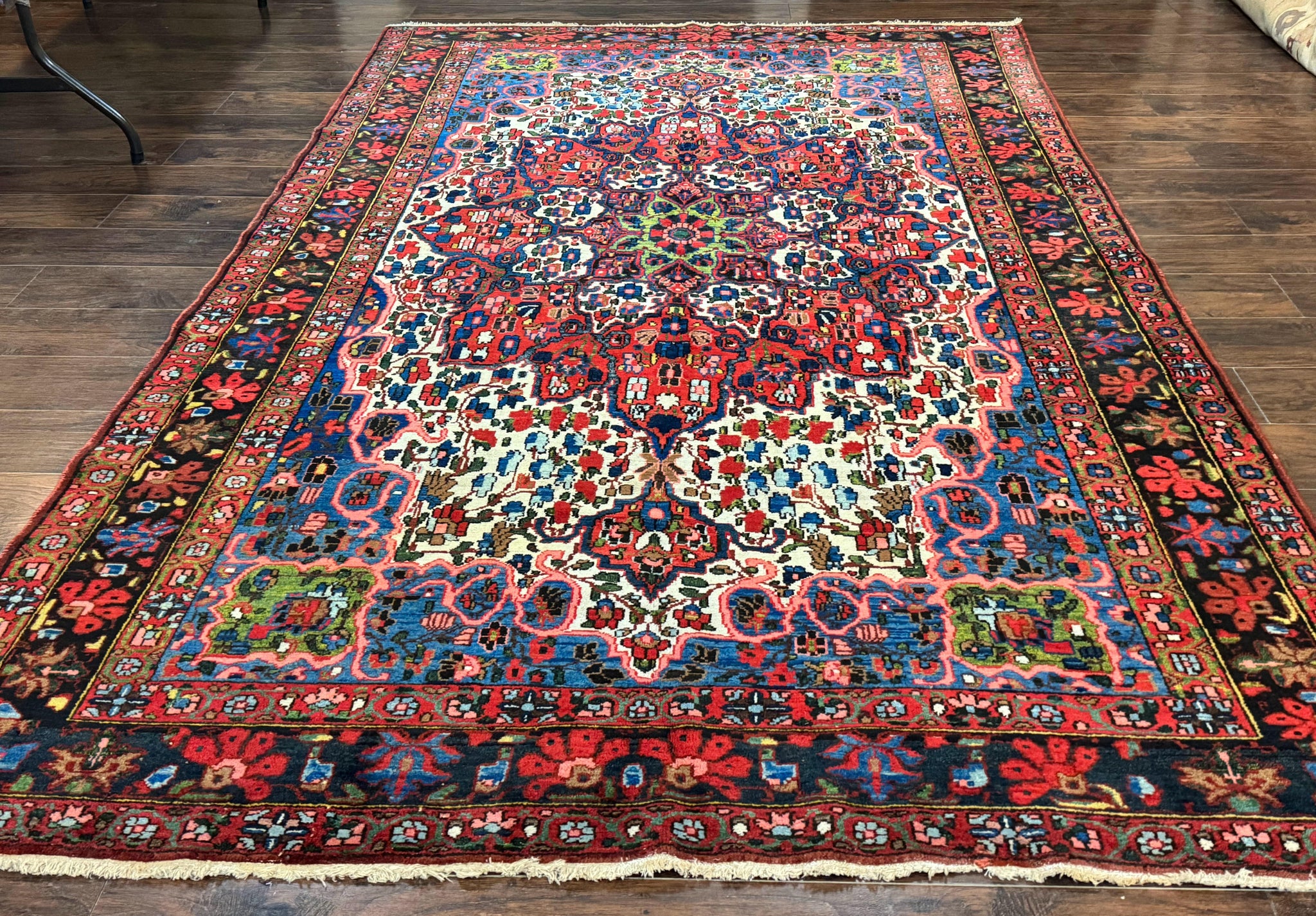 Persian Bakhtiari Rug 7x10, Antique Persian Carpet, Colorful, Great Colors, Ivory Red Blue, Rare Tribal Rug by Jewel Rugs
