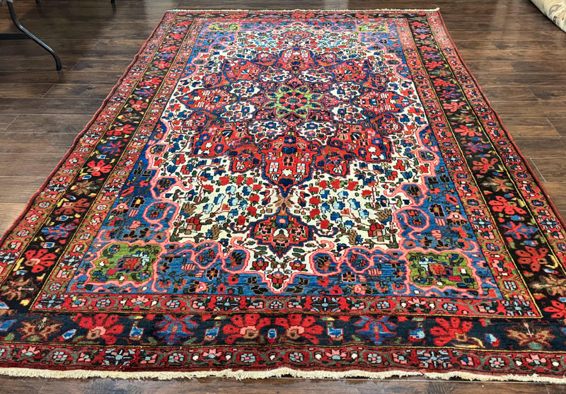 Persian Bakhtiari Rug 7x10, Antique Persian Carpet, Colorful, Great Colors, Ivory Red Blue, Rare Tribal Rug by Jewel Rugs
