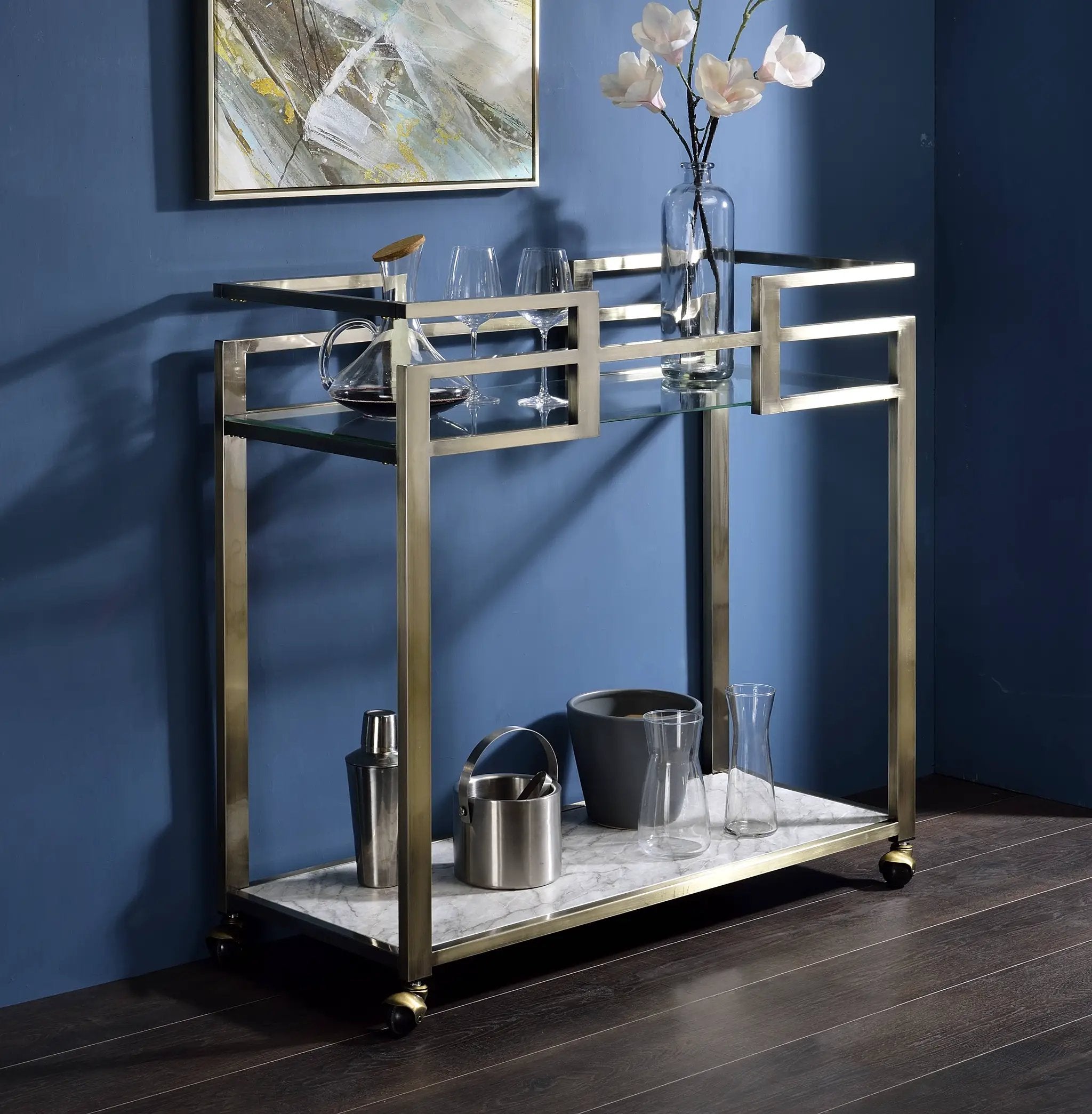 Neilo Clear Glass Faux Marble Top Serving Cart by HouseOfZazla
