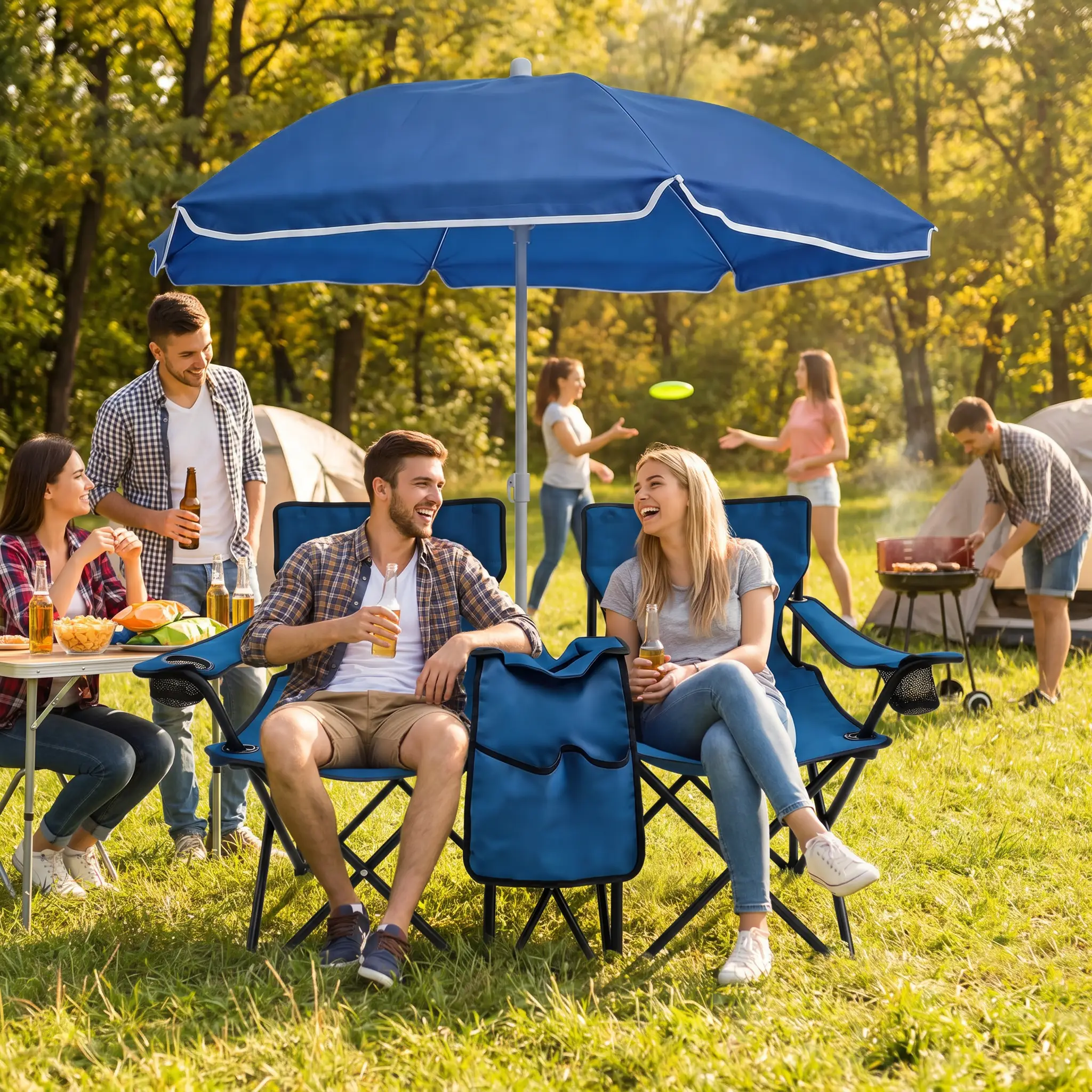 Portable Double Folding Beach Chair Set with Umbrella by HouseOfZazla