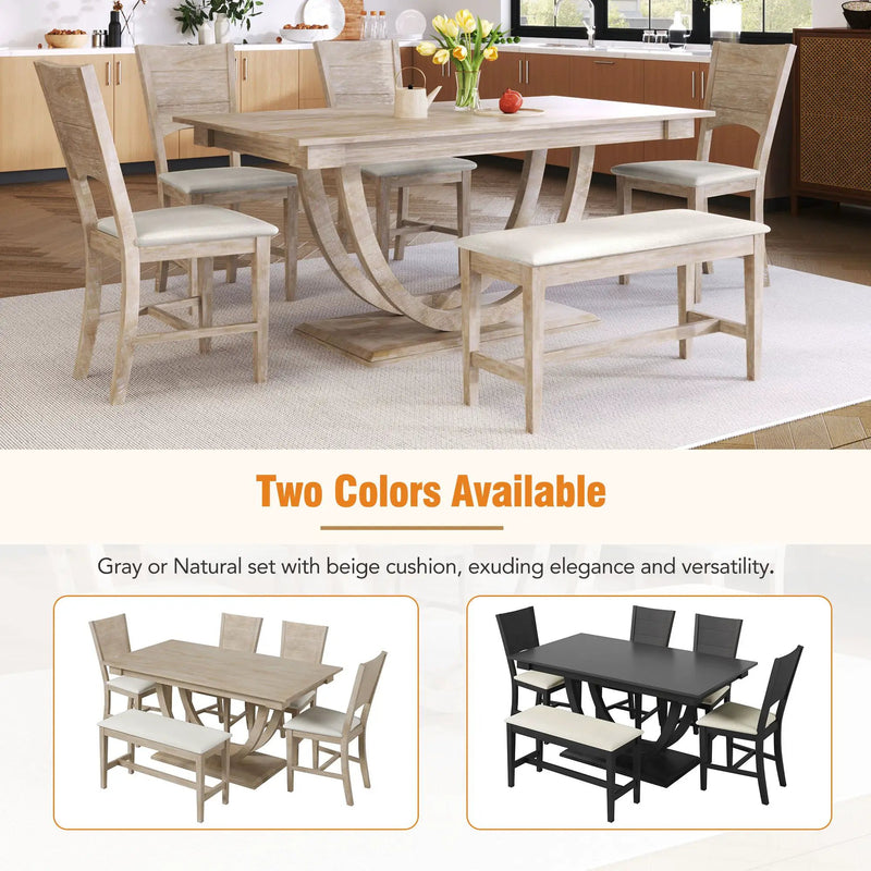 Topmax - 6 Piece Wood Half Round Dining Table Set Kitchen Table Set With Long Bench And 4 Dining Chairs, Modern Style by HouseOfZazla