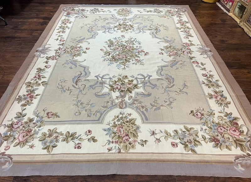 Aubusson Needlepoint Rug 9x12, VIntage Handmade Wool Beige Floral European Elegant Rug 9 x 12, Floral Roses by Jewel Rugs