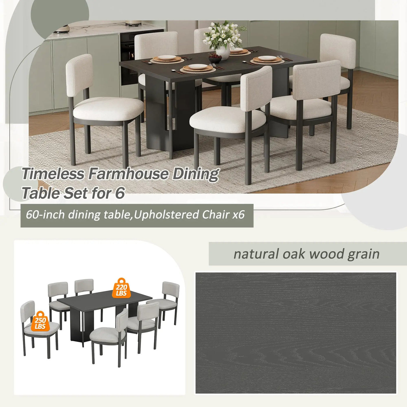 Dining Table Set With 6 Upholstered Chairs, Rectangular Table With Cutout Legs by Unique Piece Furniture