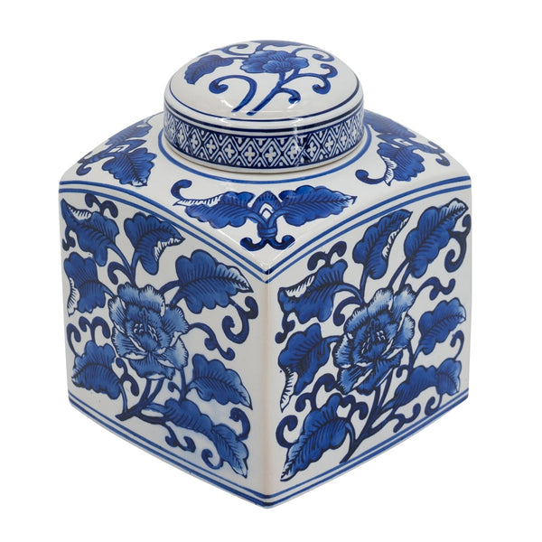 5x5x8' Hand Painted Square Canister with Blue and White Floral Pattern