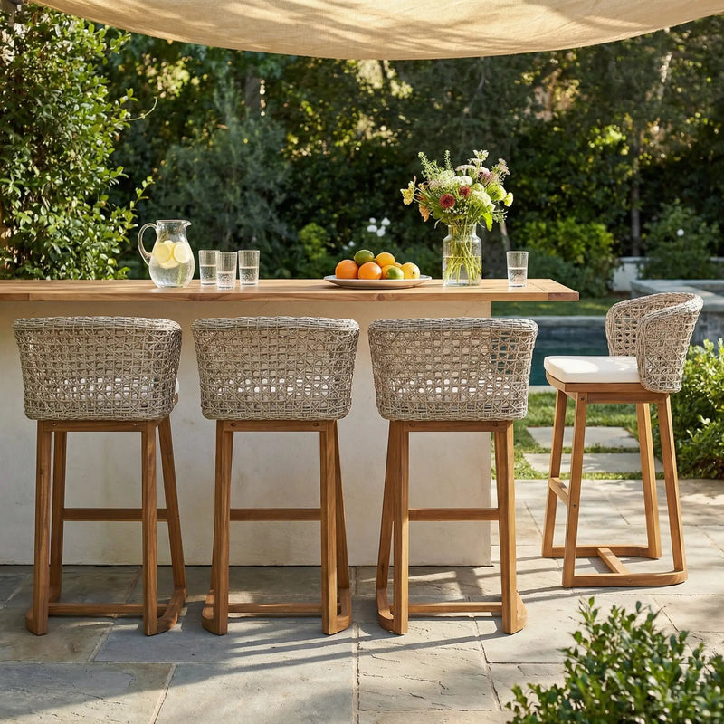 Outdoor Acacia Wood Bar Stools with Cushions (Set of 4) by HouseOfZazla