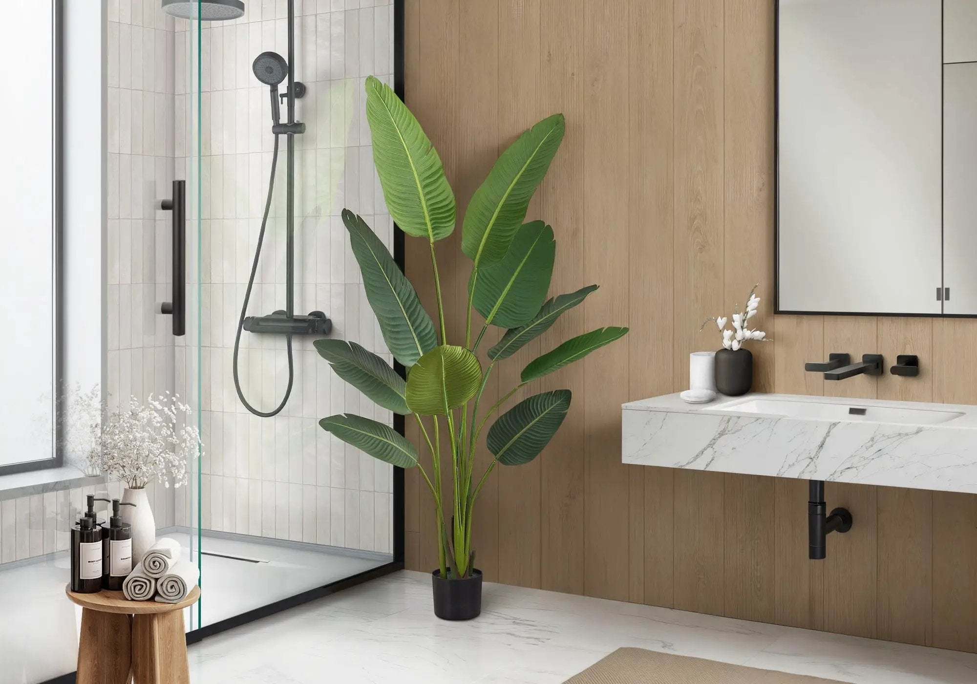 60" Tall, Artificial Plant, Bird Of Paradise Tree, Indoor, Faux, Fake, Floor, Greenery, Potted, Decorative - Green / Black by Unique Piece Furniture