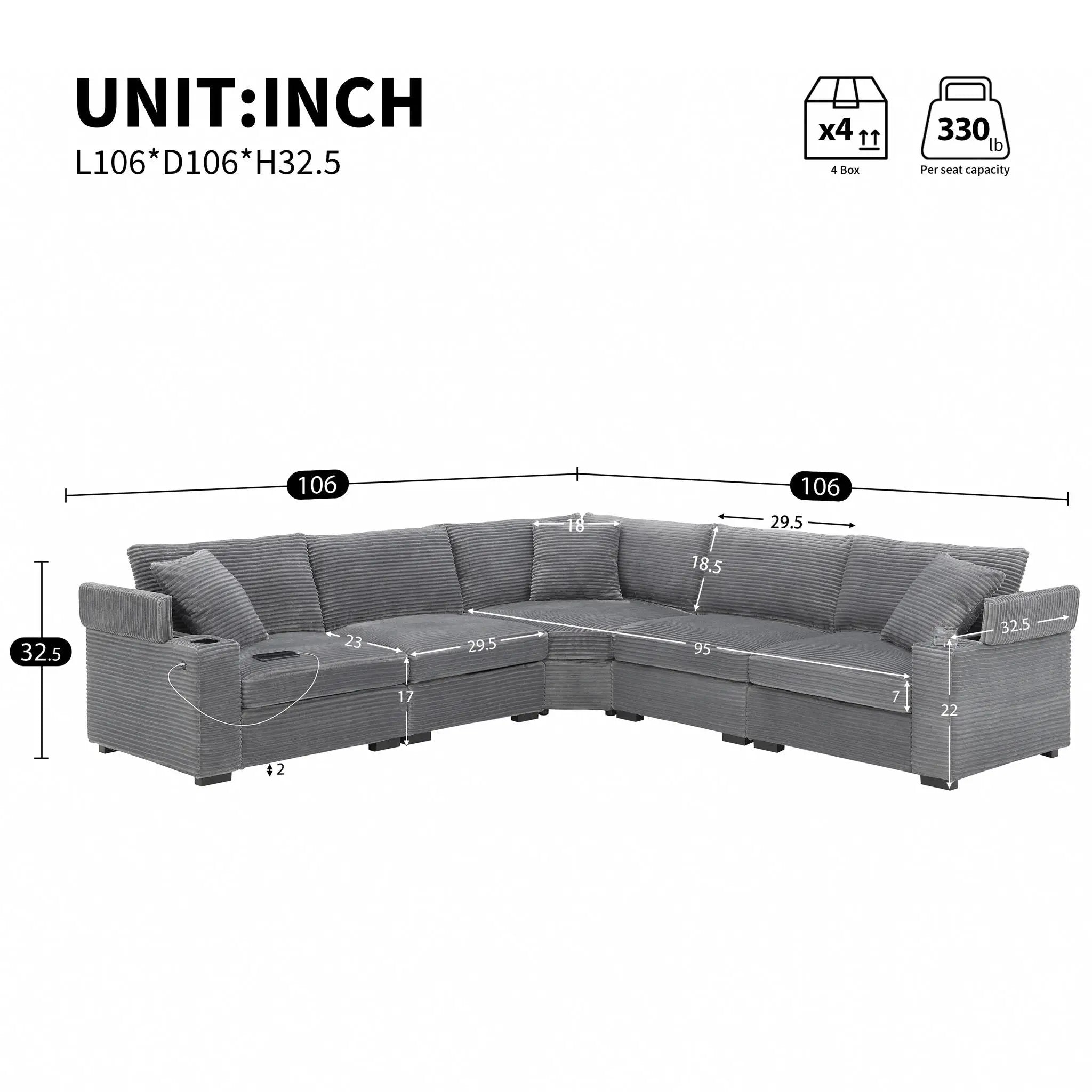 Convertible L Shaped Sectional Corner Couch With Armrest Storage Cup Holders USB Charger, Irregular Corner Oversized Comfy Modular Sofa by Unique Piece Furniture
