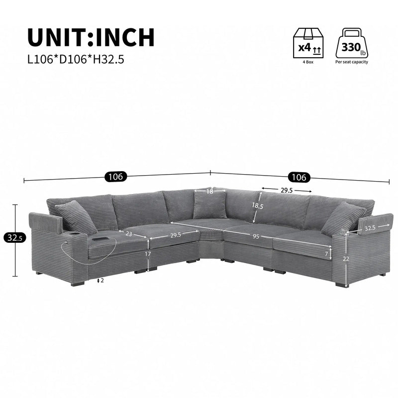 Convertible L Shaped Sectional Corner Couch With Armrest Storage Cup Holders USB Charger, Irregular Corner Oversized Comfy Modular Sofa by HouseOfZazla