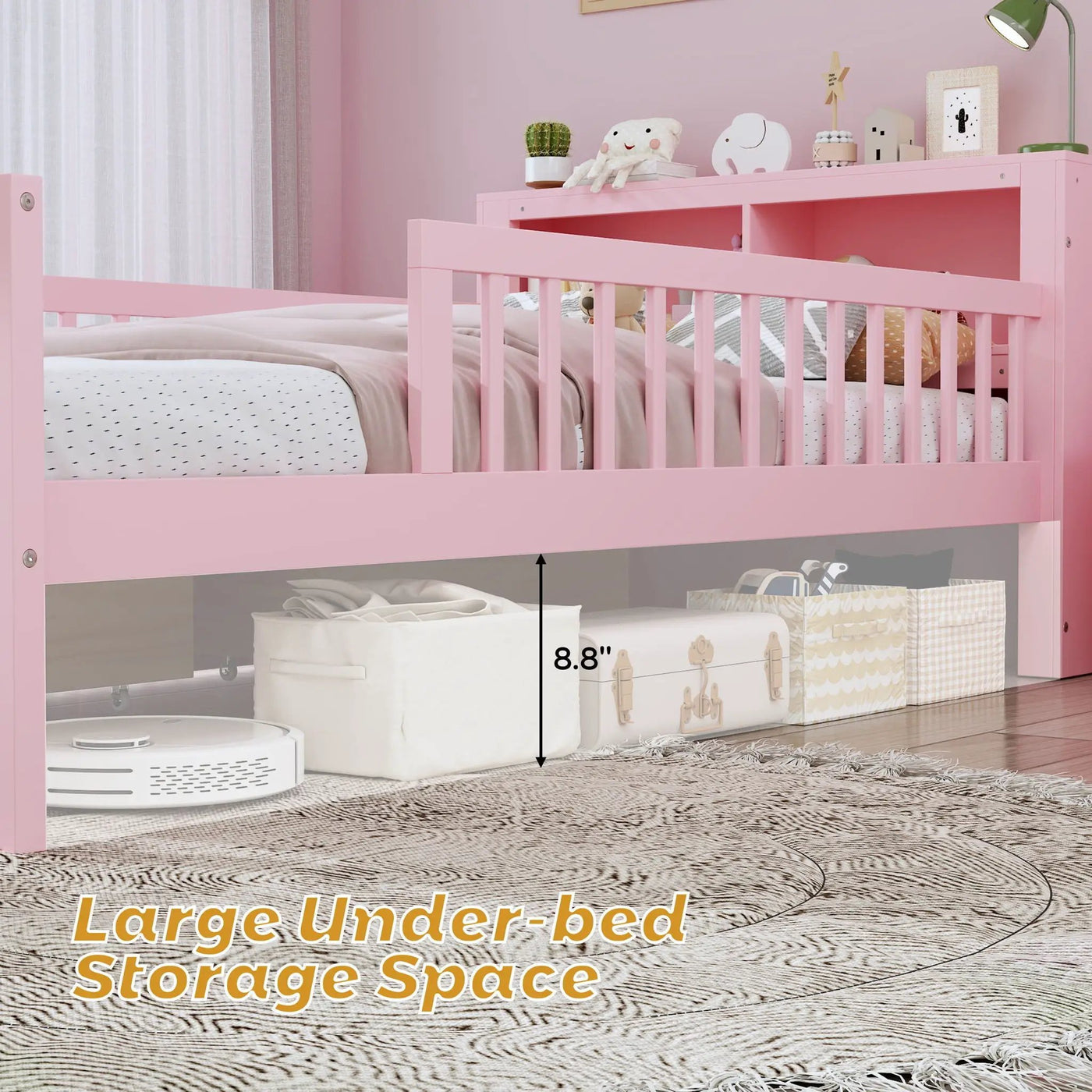 Bed With Headboard Storage Rack, 2 Under Bed Drawers, 3 Side Guardrails For Safety by Unique Piece Furniture