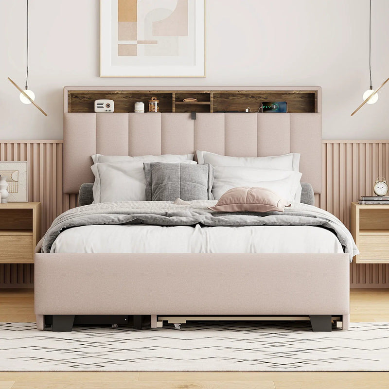 Upholstered Platform Bed With Storage Headboard, Trundle & 2 Drawers And A Set Of Sockets & USB Ports by Unique Piece Furniture