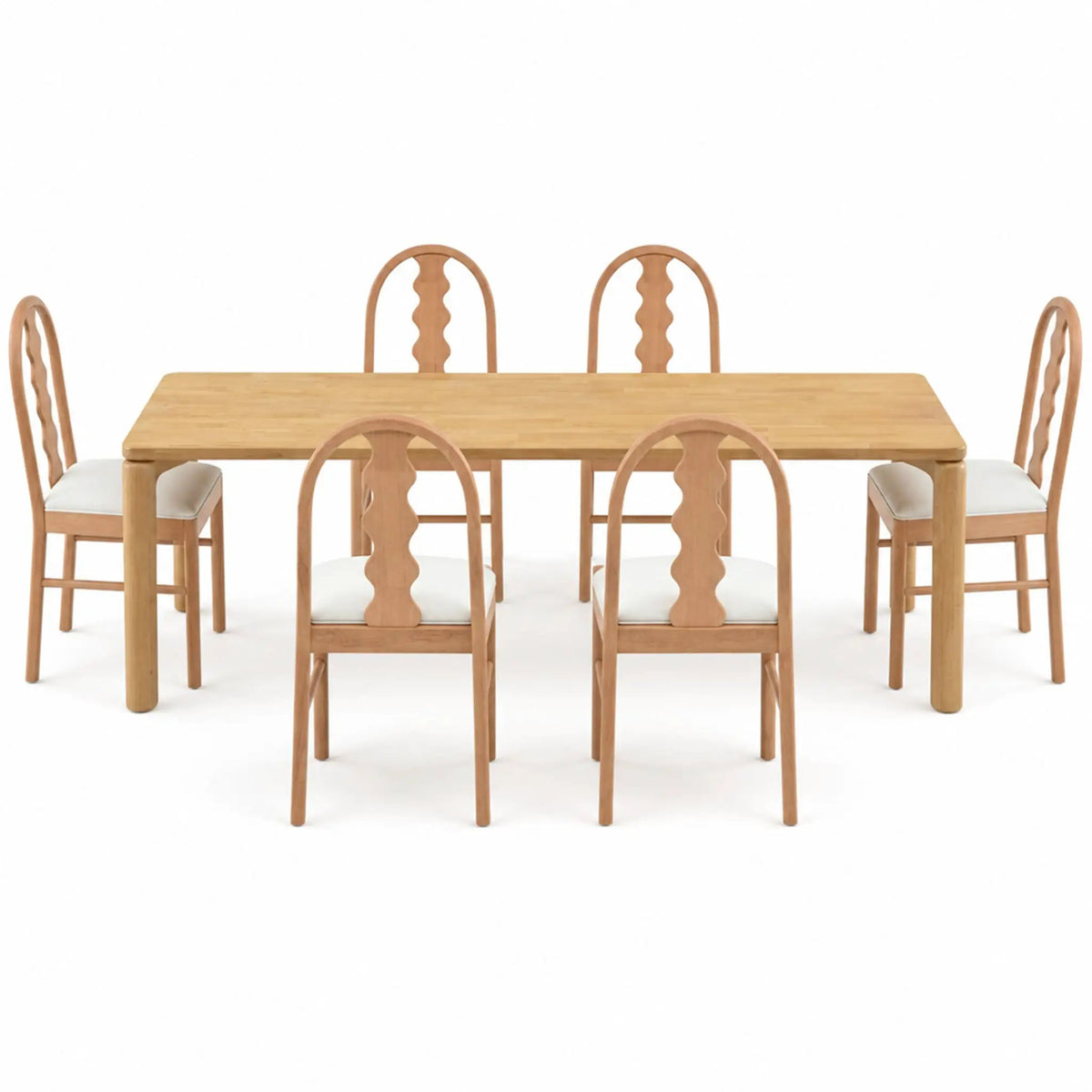 7-Piece Dining Table Set, 70" Solid Rubber Wood Dining Table with 6 Wave Back Dining Chairs by HouseOfZazla