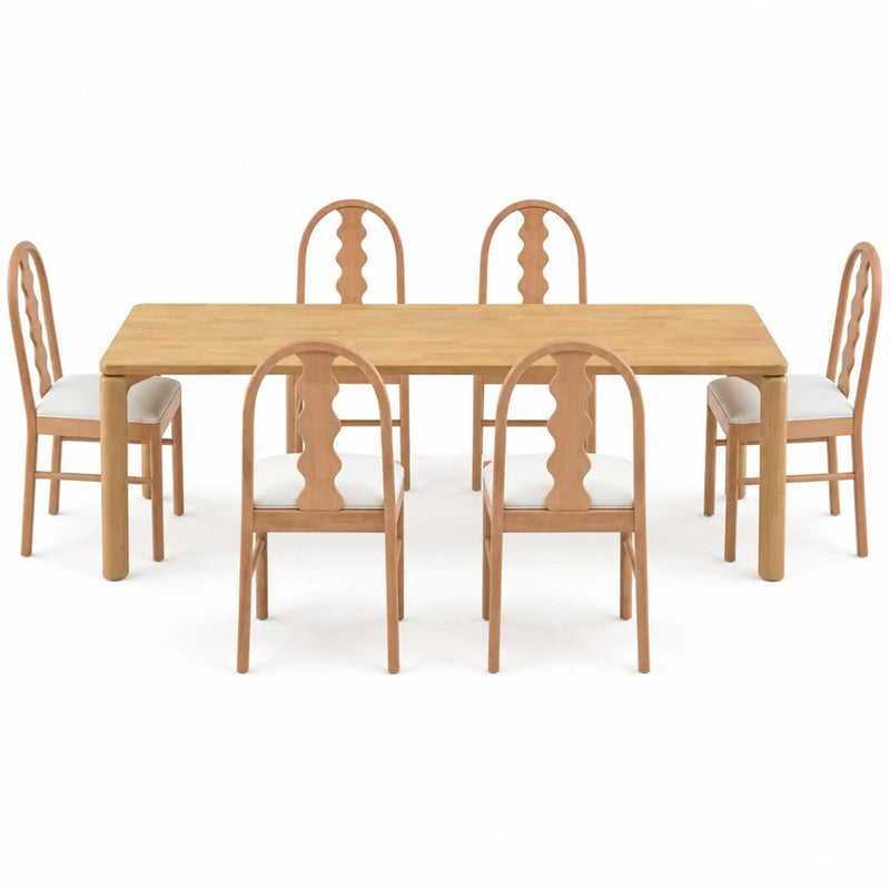 7-Piece Dining Table Set, 70" Solid Rubber Wood Dining Table with 6 Wave Back Dining Chairs by HouseOfZazla