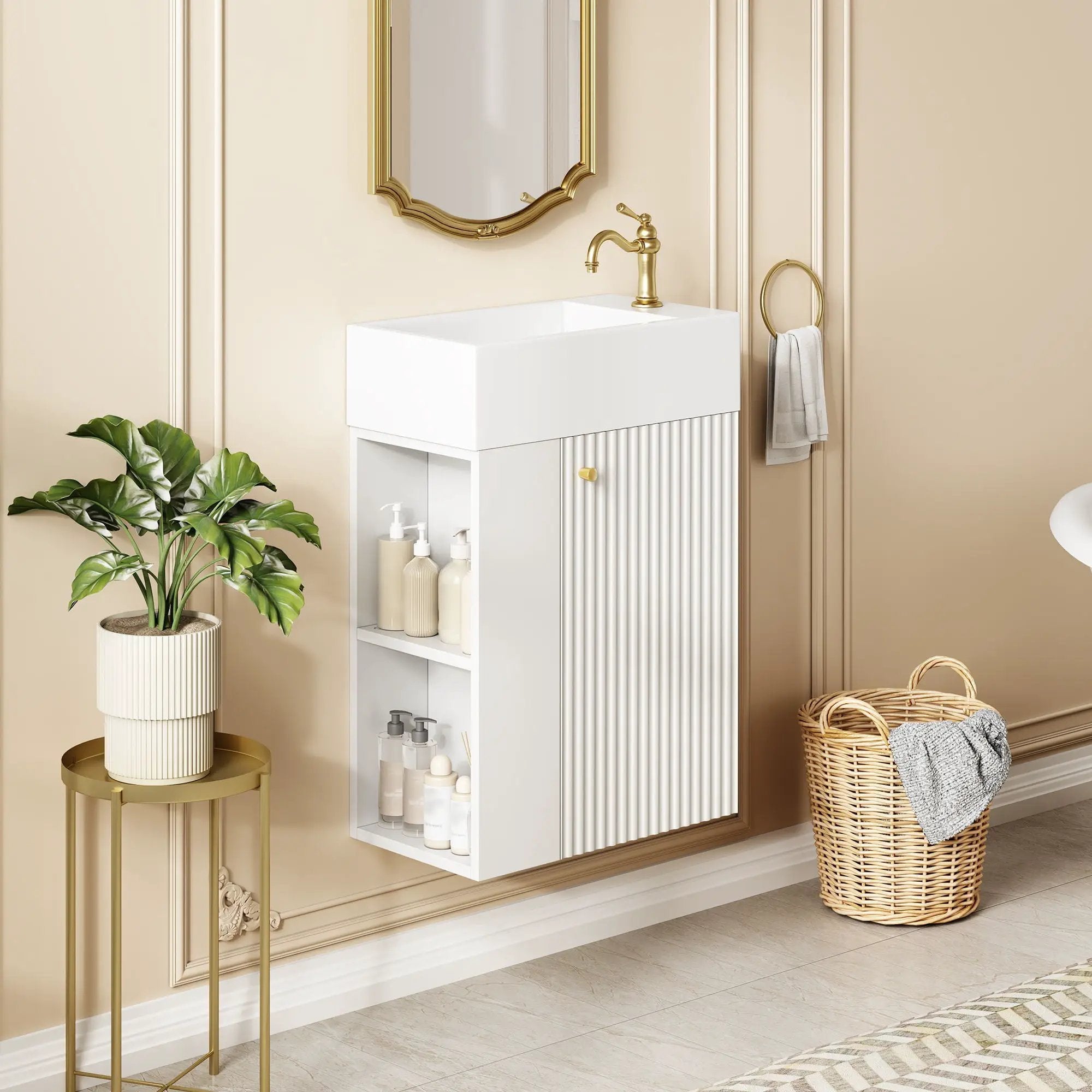 Floating Bathroom Vanity With Resin Basin, Left Side Storage - White by HouseOfZazla