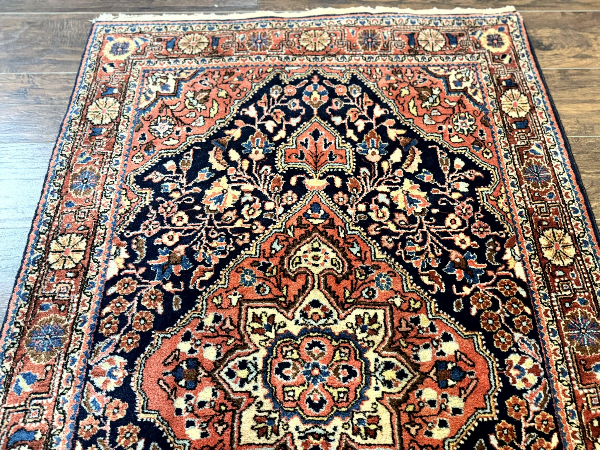 Persian Sarouk Rug 3.6 x 5, Medallion Rug, Red and Midnight Blue, Handmade Semi Antique Vintage Wool Carpet by Jewel Rugs