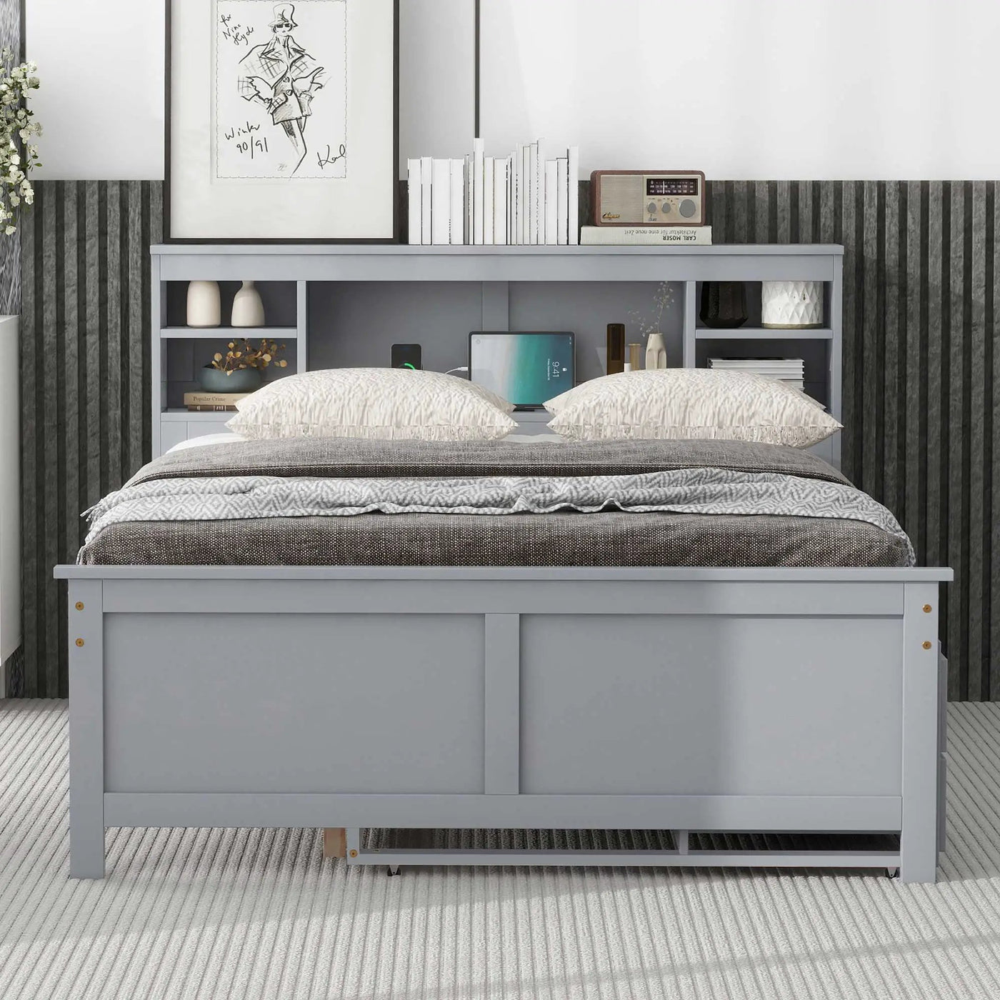 Platform Bed With Storage Headboard, USB, Trundle And 3 Drawers by Unique Piece Furniture