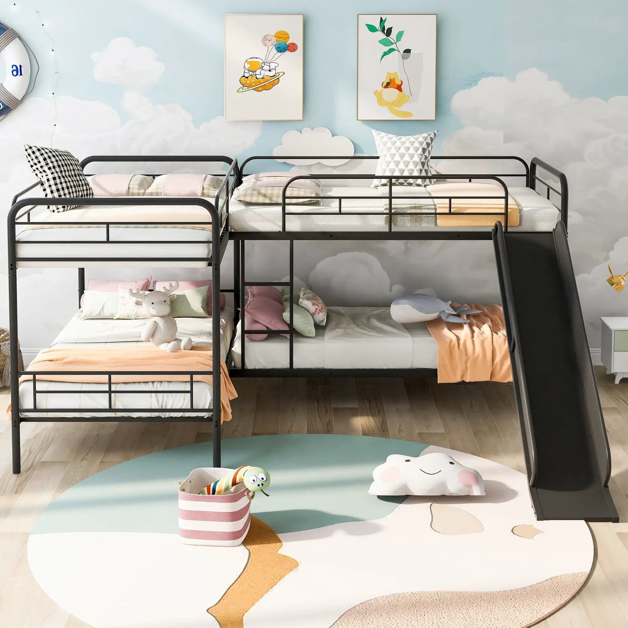 Mission Style Twin Size L-Shaped Bunk Bed With Slide And Ladder - Black by HouseOfZazla