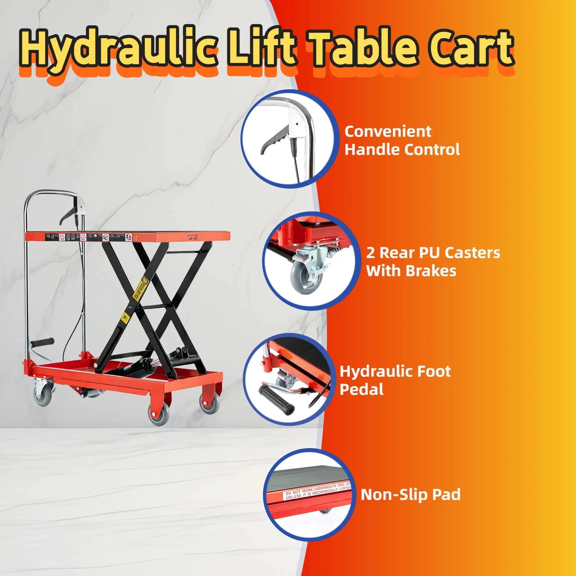Hydraulic Lift Table Cart 500Lbs Load Red Single Scissor Lift With Non Slip Pads And Wheels - Red / Black by HouseOfZazla