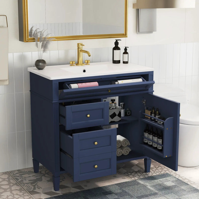 Bathroom Vanity With Top Sink, Modern Bathroom Storage Cabinet, 2 Drawers And A Tip-Out Drawer, Single Sink Bathroom Vanity - Blue by Unique Piece Furniture