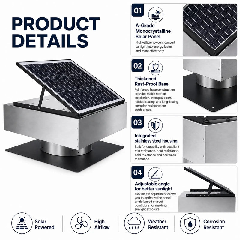 12" Stainless Steel Solar Roof Vent Fan, 40W Tilt Adjustable Solar Panel by HouseOfZazla