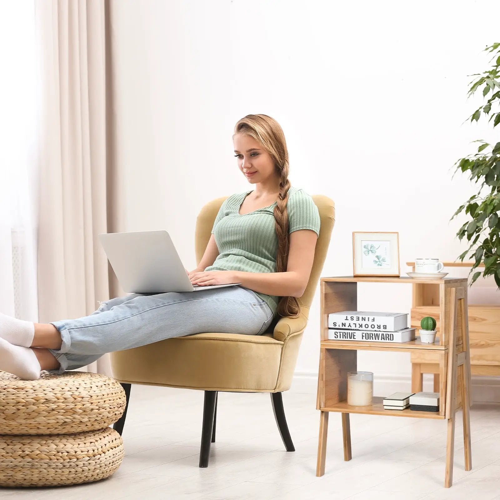 2 Pieces Bamboo Nightstand Sofa Table with Storage Shelf by DirectDeals