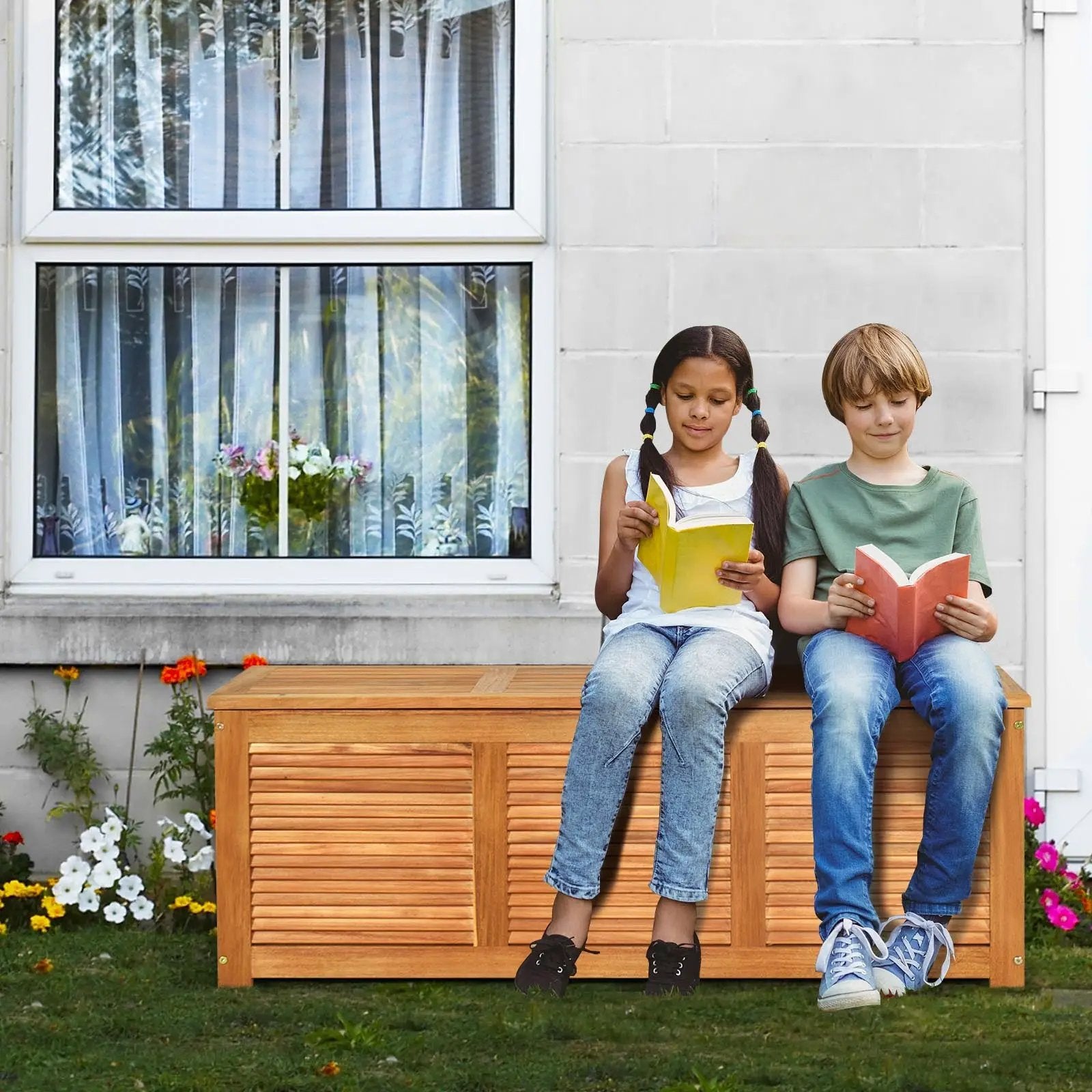 46 Gallon Acacia Wood Storage Bench Box for Patio Garden Deck by DirectDeals