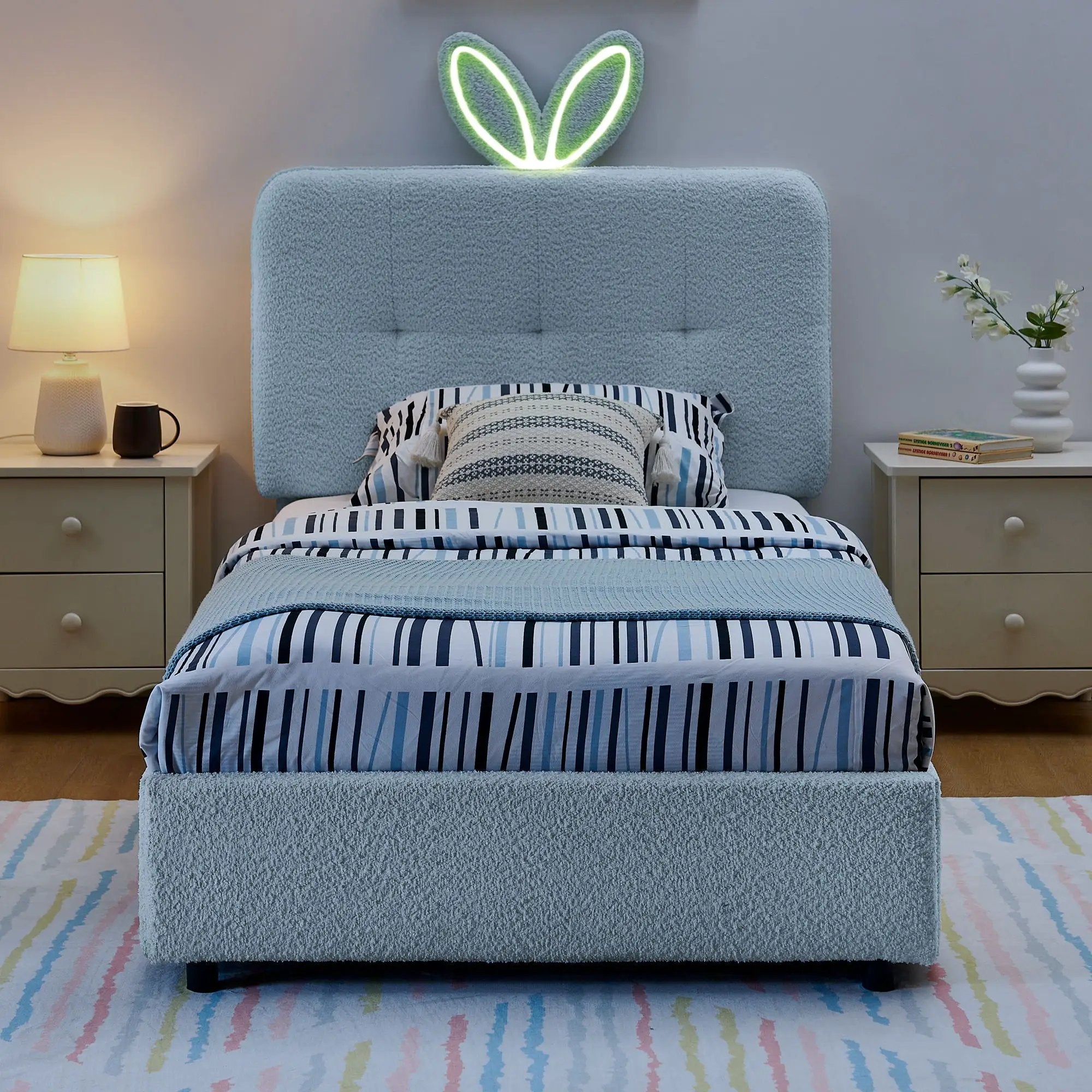 Upholstered Bed With Oversized Rabbit Ear Headboard, LED Lights & 4 Storage Drawers by Unique Piece Furniture