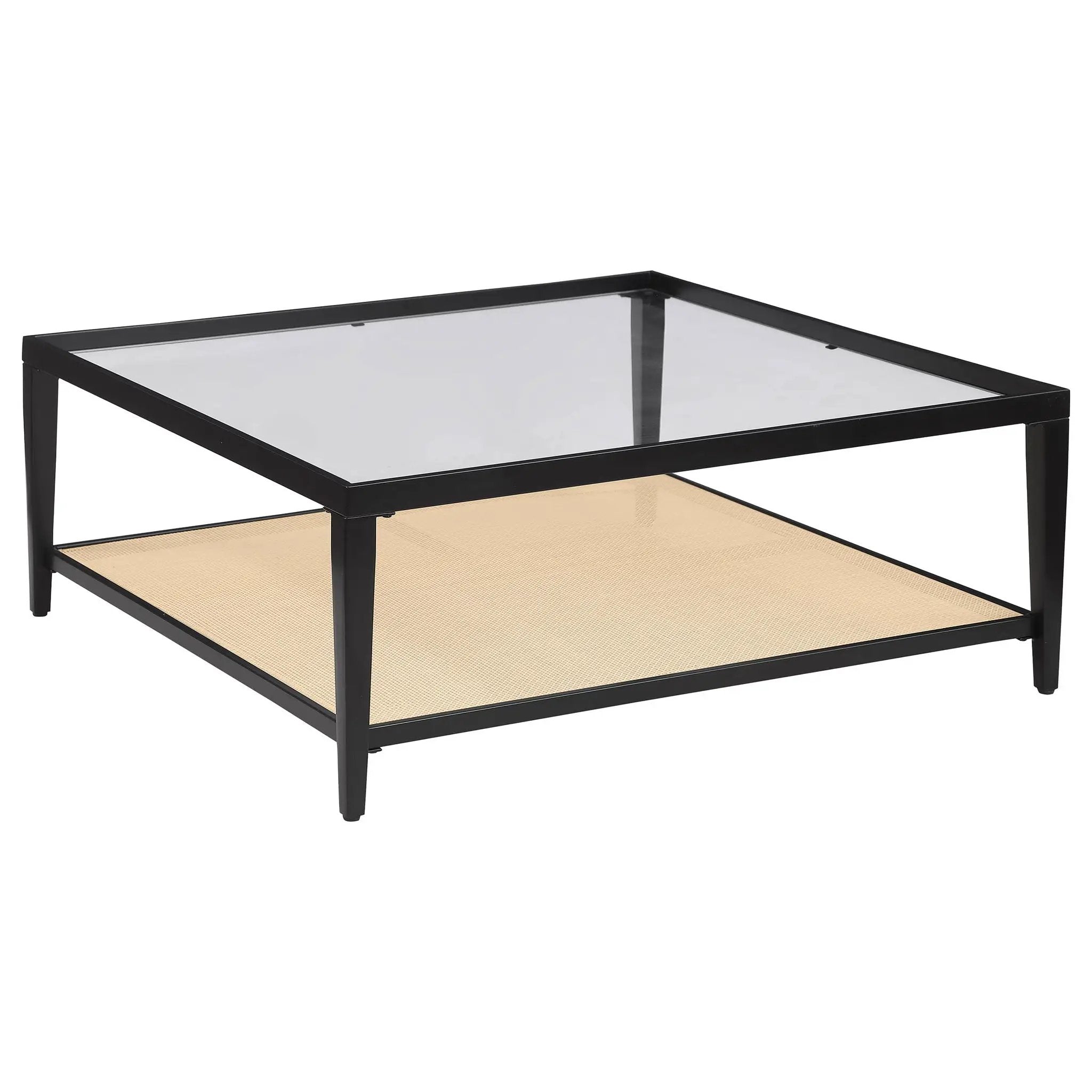 Amherst Glass Top Metal with Cane Shelf Coffee Table Black by Unique Piece Furniture