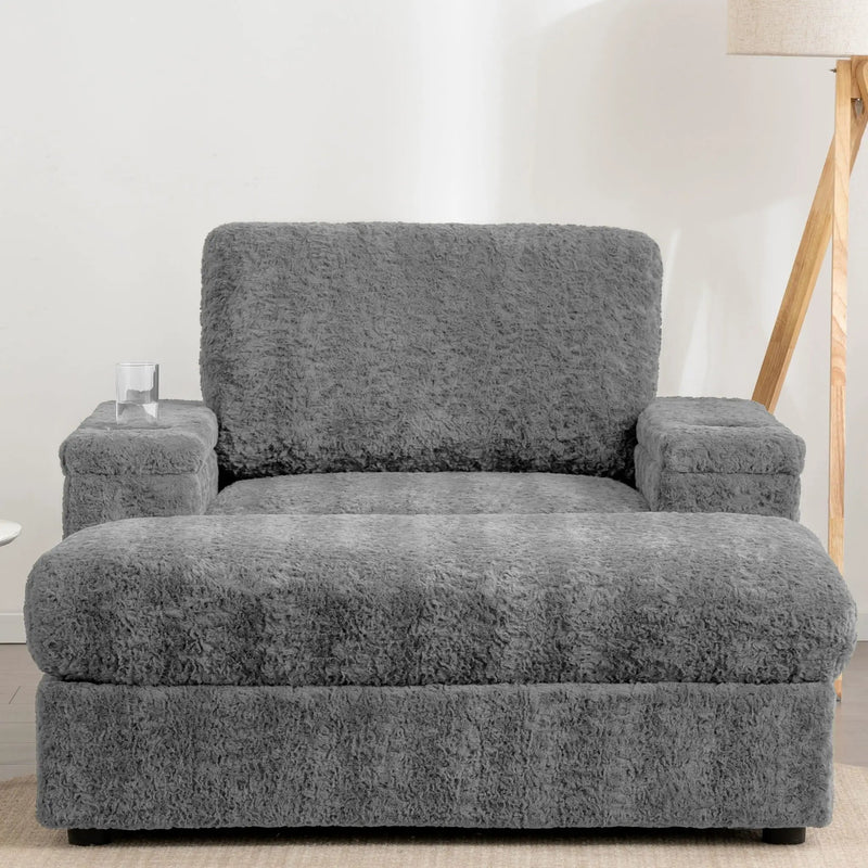 Oversized Chaise Lounge Indoor Rabbit Fur Sofa Bed With Storage Ottoman And Armrests Cup Holders With Deep Seat by HouseOfZazla