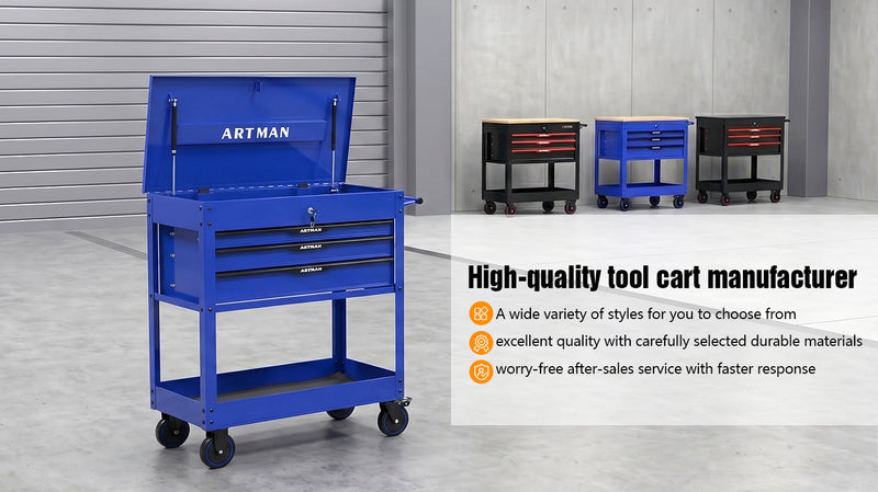 3 Drawers Multifunctional Tool Cart with Wheels and Steel Top - Blue & Black by HouseOfZazla