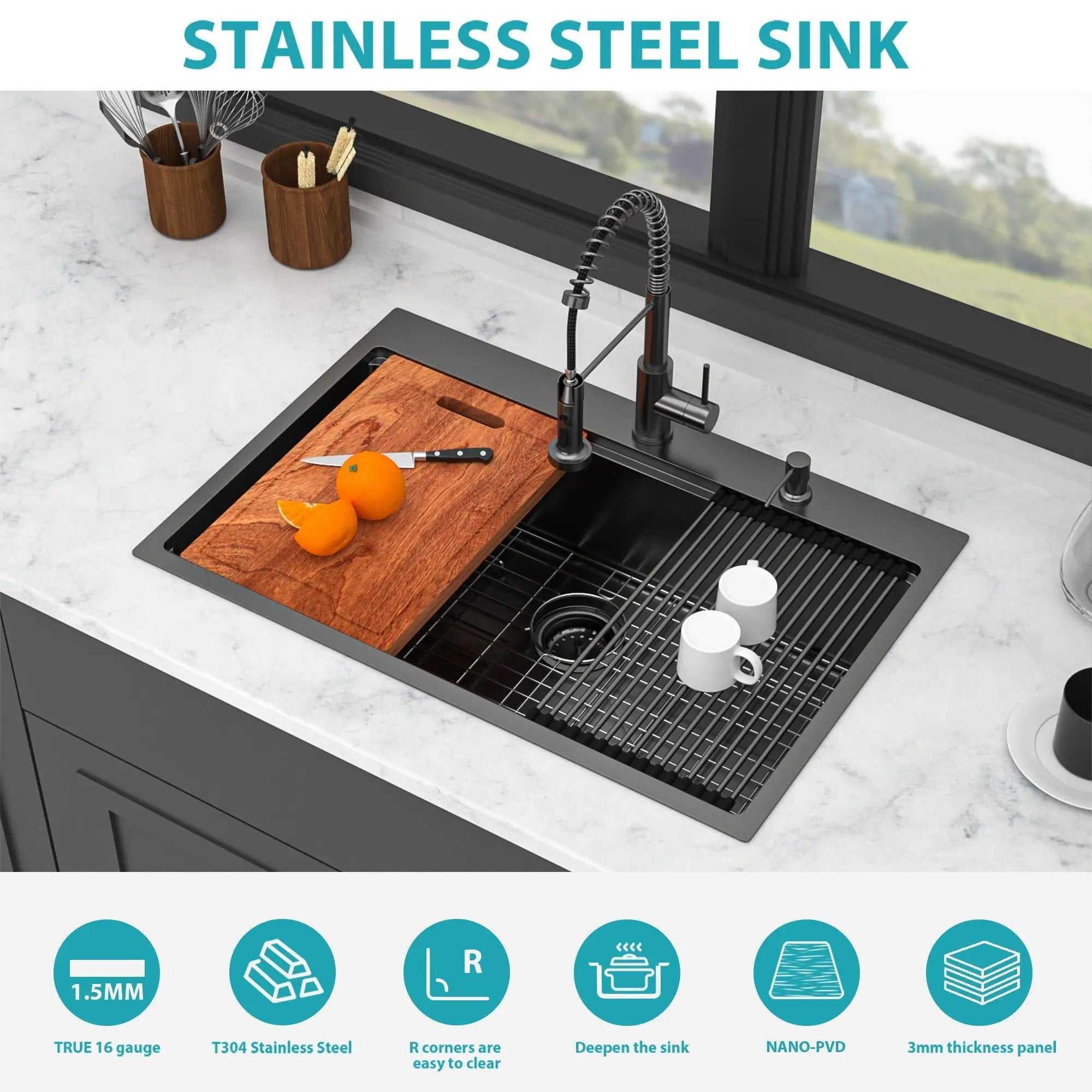 Drop In Kitchen Sink With Pull Out Faucet And Soap Dispenser, Single Bowl Topmount Sink - Gunmetal Black by HouseOfZazla
