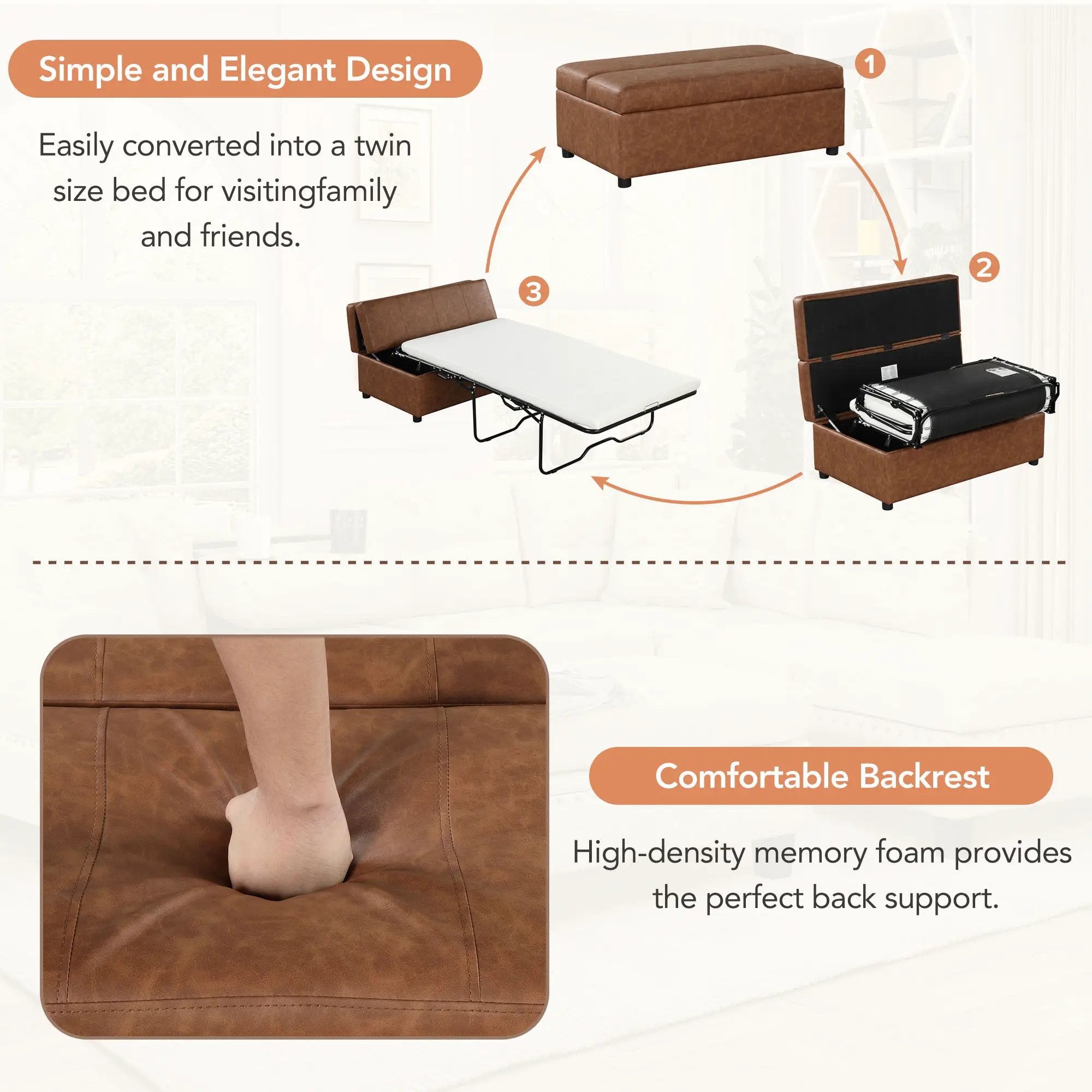 Twin Size Folding Ottoman Sleeper Bed With Mattress Convertible Guest Bed by Unique Piece Furniture