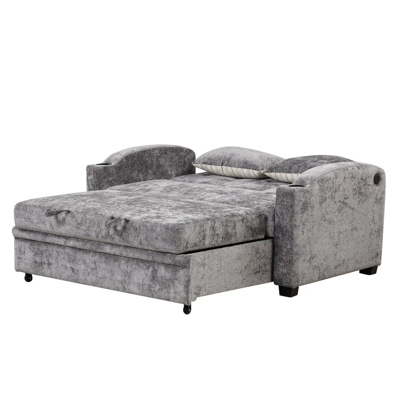 Pull Out Loveseat Sofa With Adjsutable Backrest, 2 Pillows, Cup Holders, USB Ports For Living Room by HouseOfZazla