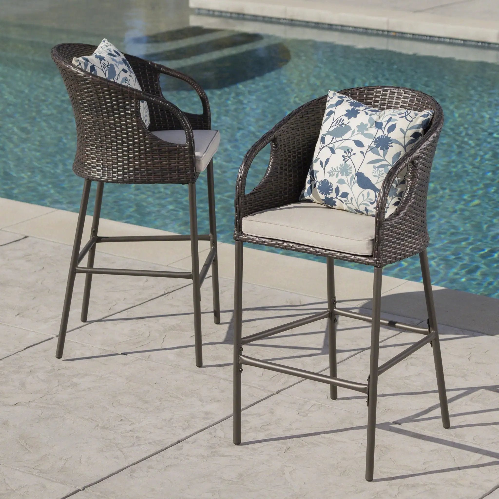 Outdoor 31" Rattan Barstools With Waterproof Cushions (Set of 2) - Multi Brown by HouseOfZazla