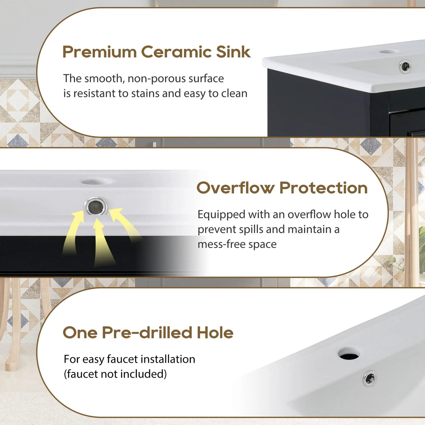Modern Small Bathroom Vanity Cabinet With Ceramic Basin, Ample Storage, 1 Soft Close Door by Unique Piece Furniture