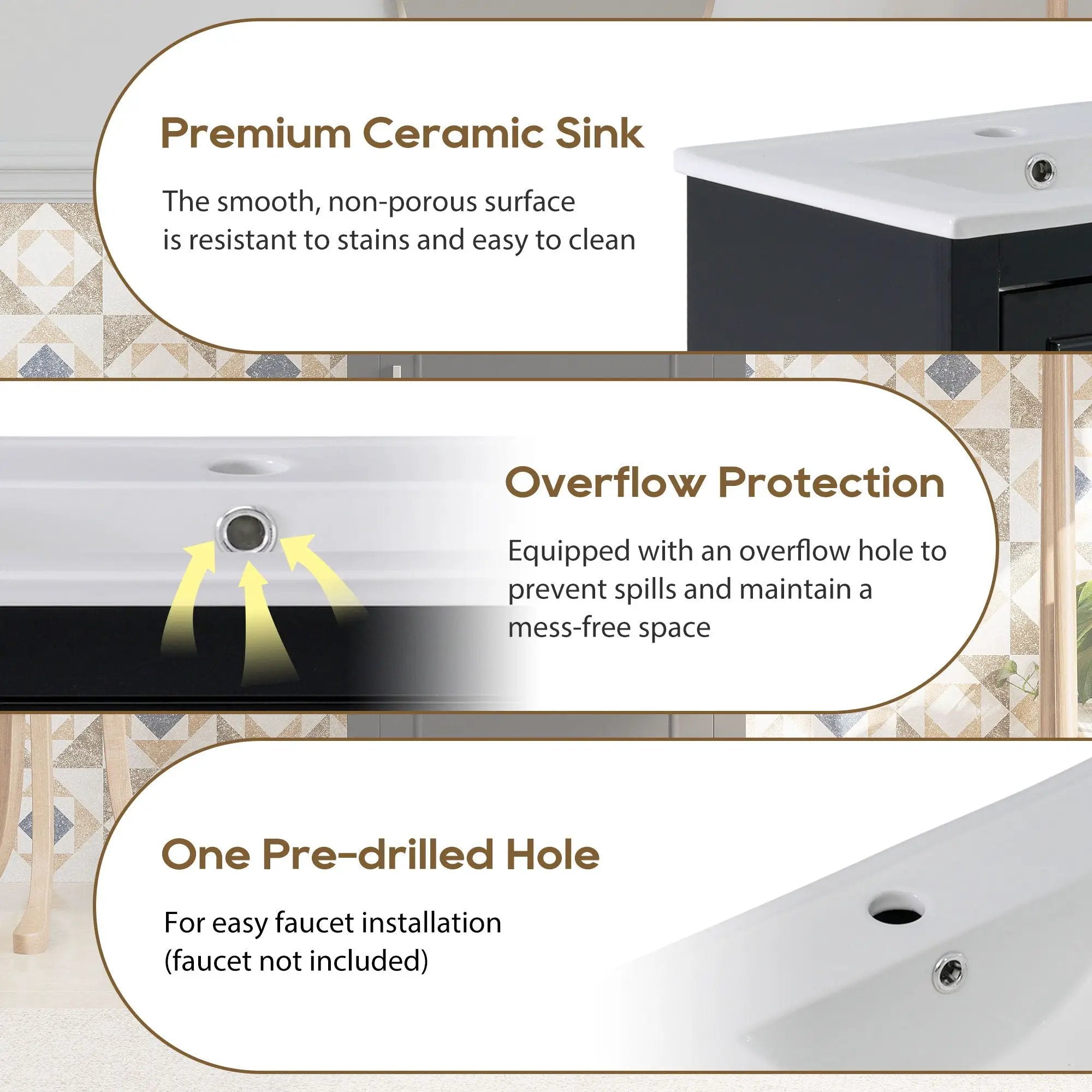 Modern Small Bathroom Vanity Cabinet With Ceramic Basin, Ample Storage, 1 Soft Close Door by Unique Piece Furniture