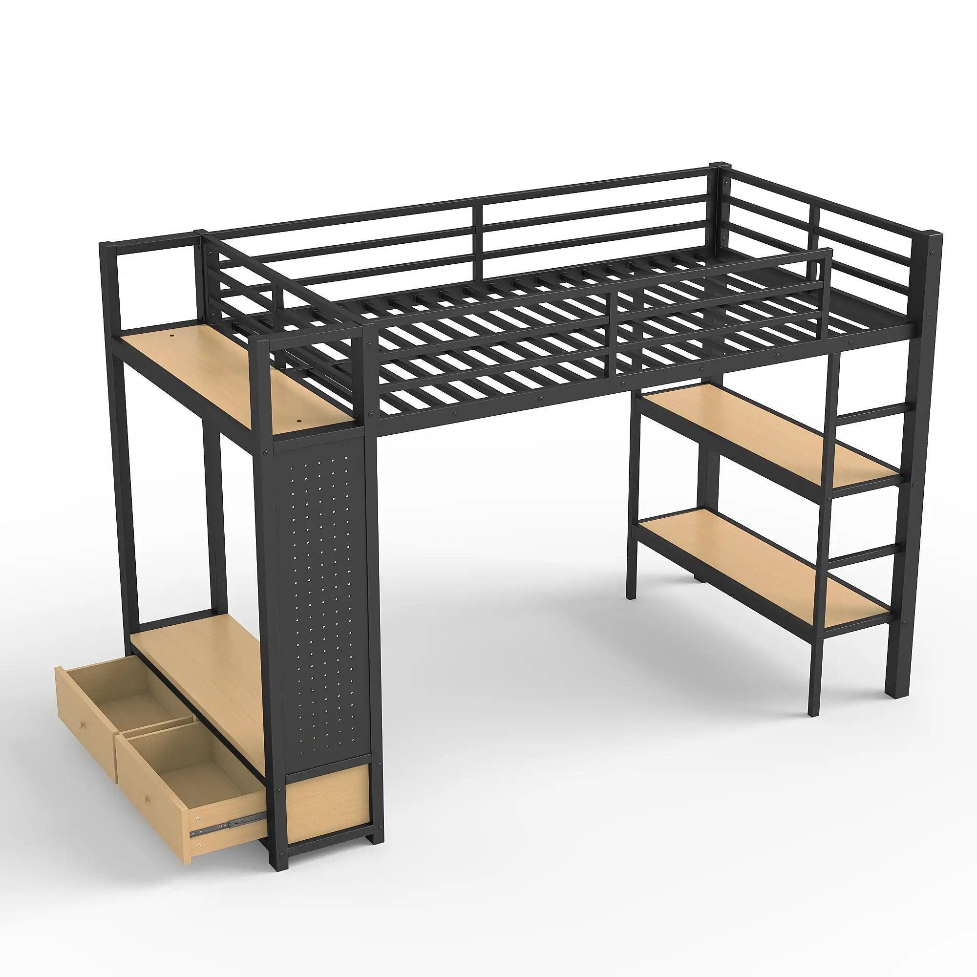 Twin XL Size Loft Bed Frame with Wardrobe and Shelves by HouseOfZazla